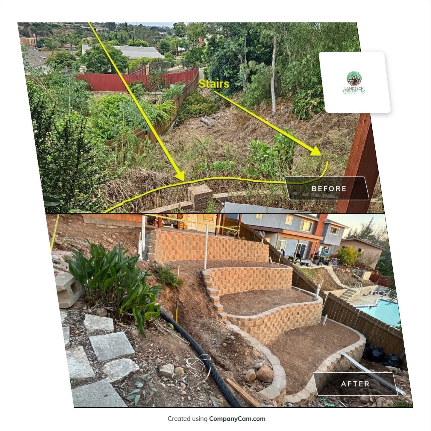 Before and after photos: a hillside with a new staircase made of retaining walls.