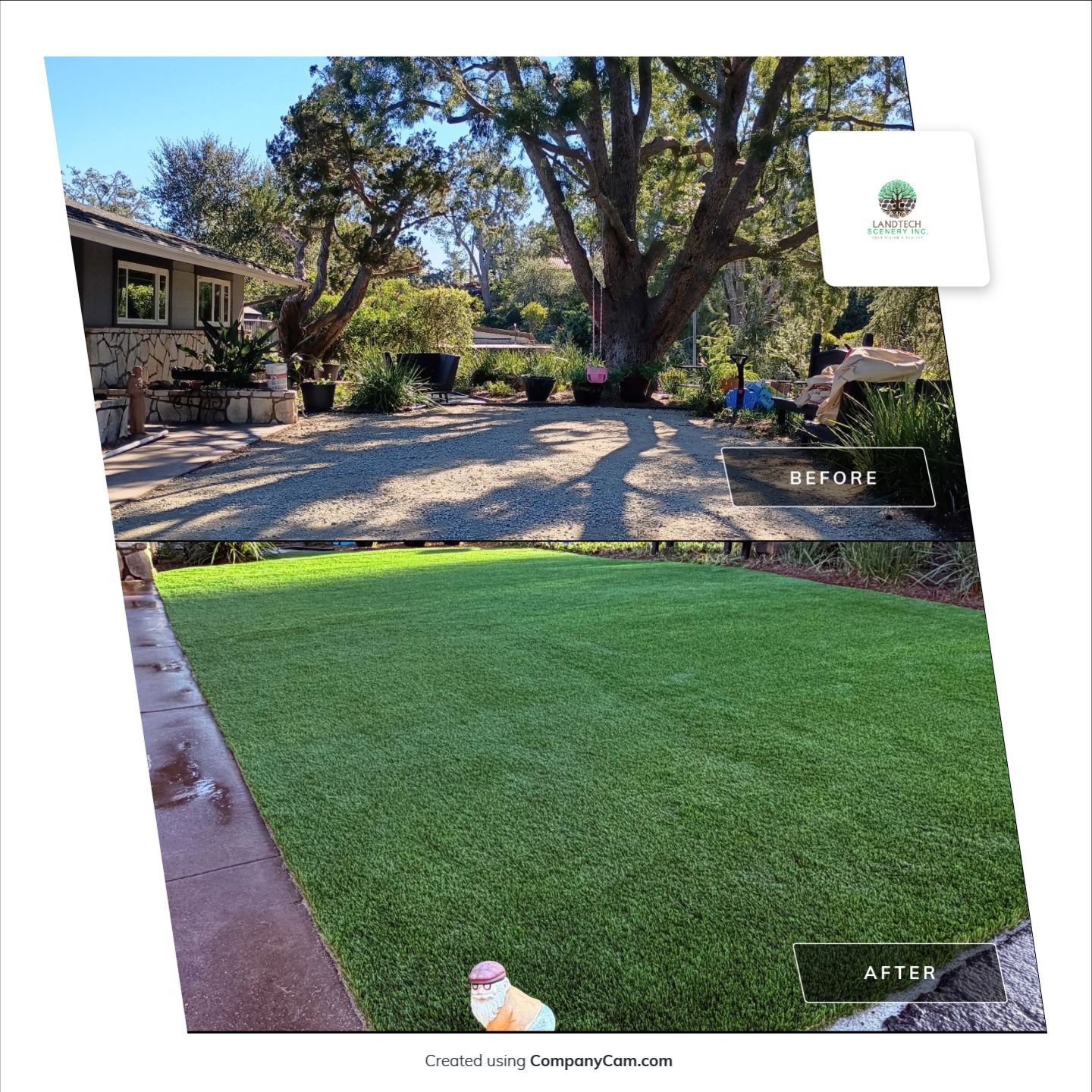 Comparison of a yard before and after landscaping with artificial turf.