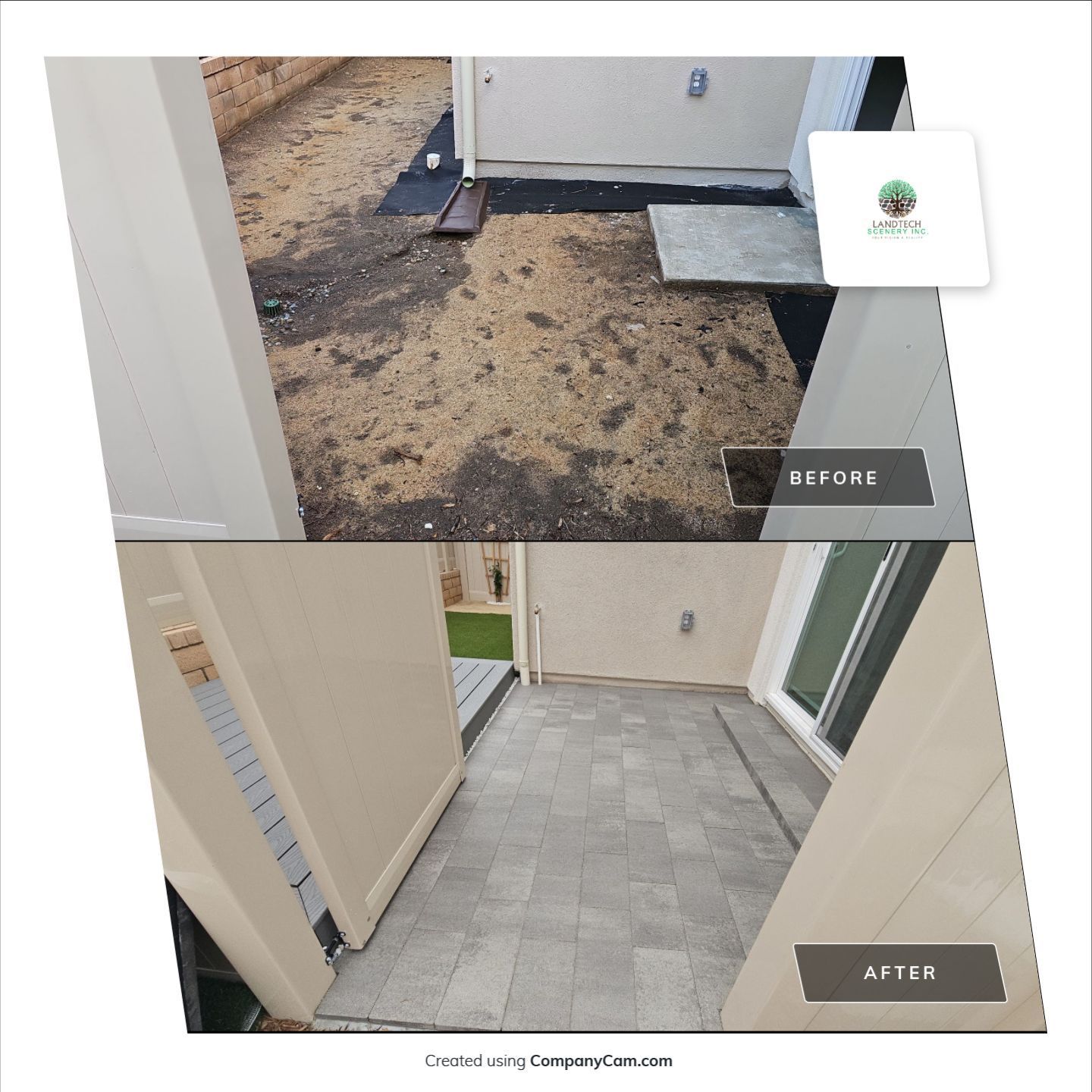 Before-and-after of a patio. Top shows dirt, bottom shows gray tiles.