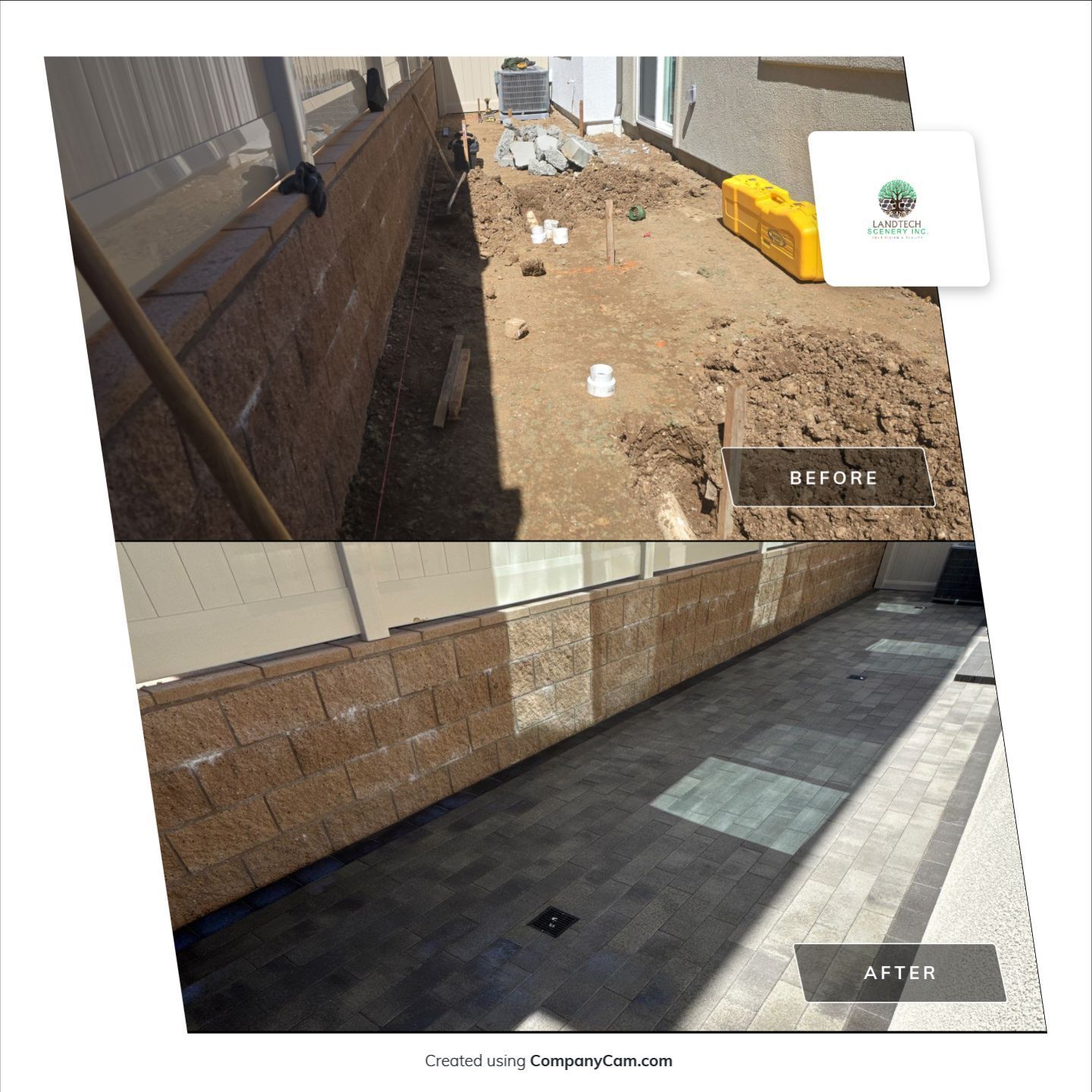 Before and after of a yard. Top: Dirt and wall. Bottom: Paved area and retaining wall.