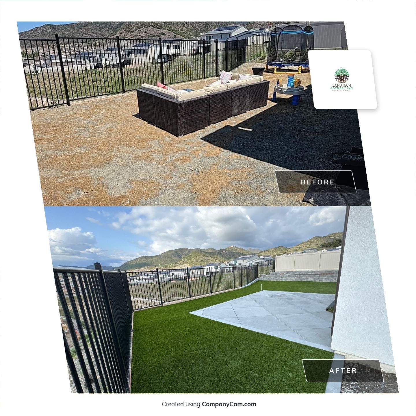 Before-and-after of a backyard transformation: gravel to green turf, new patio and views.