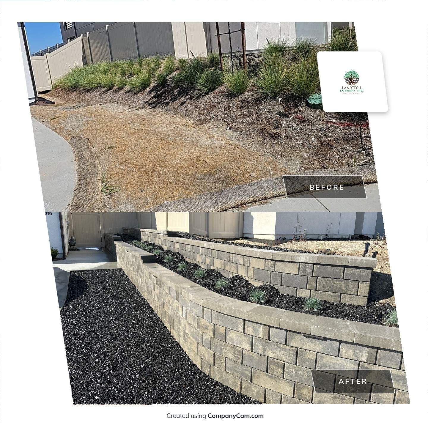Before-and-after of a retaining wall with landscaping. Brown slope transforms into stone wall with plants and black mulch.