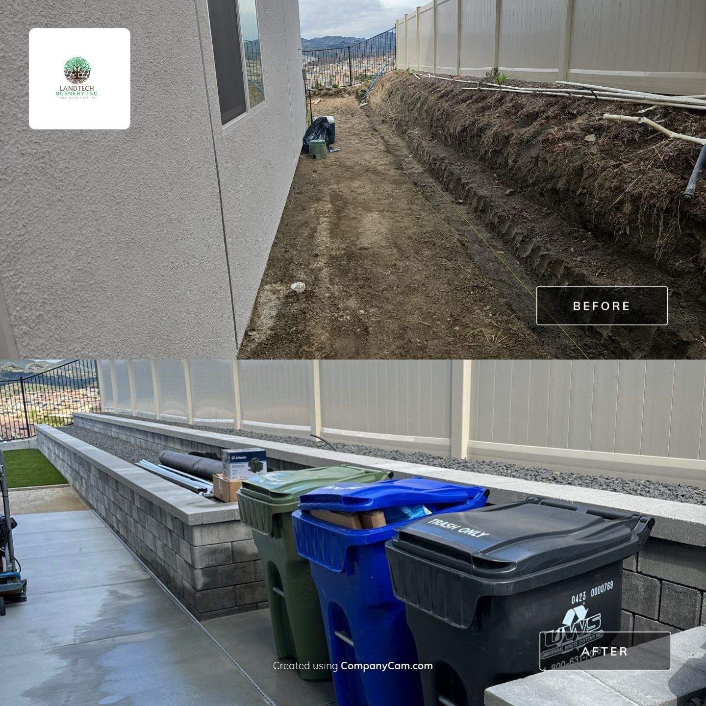 Before-and-after of a backyard renovation: digging a trench, then building a retaining wall with trash cans.