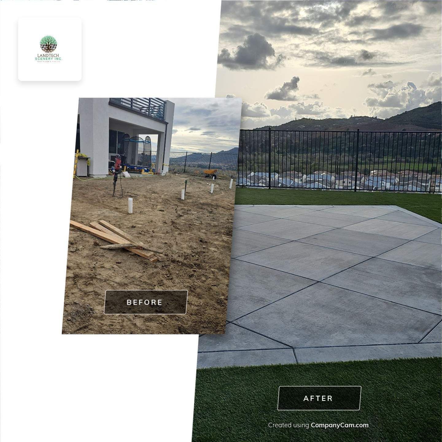 Before and after photos: dirt yard transforms into a concrete patio with mountain view.
