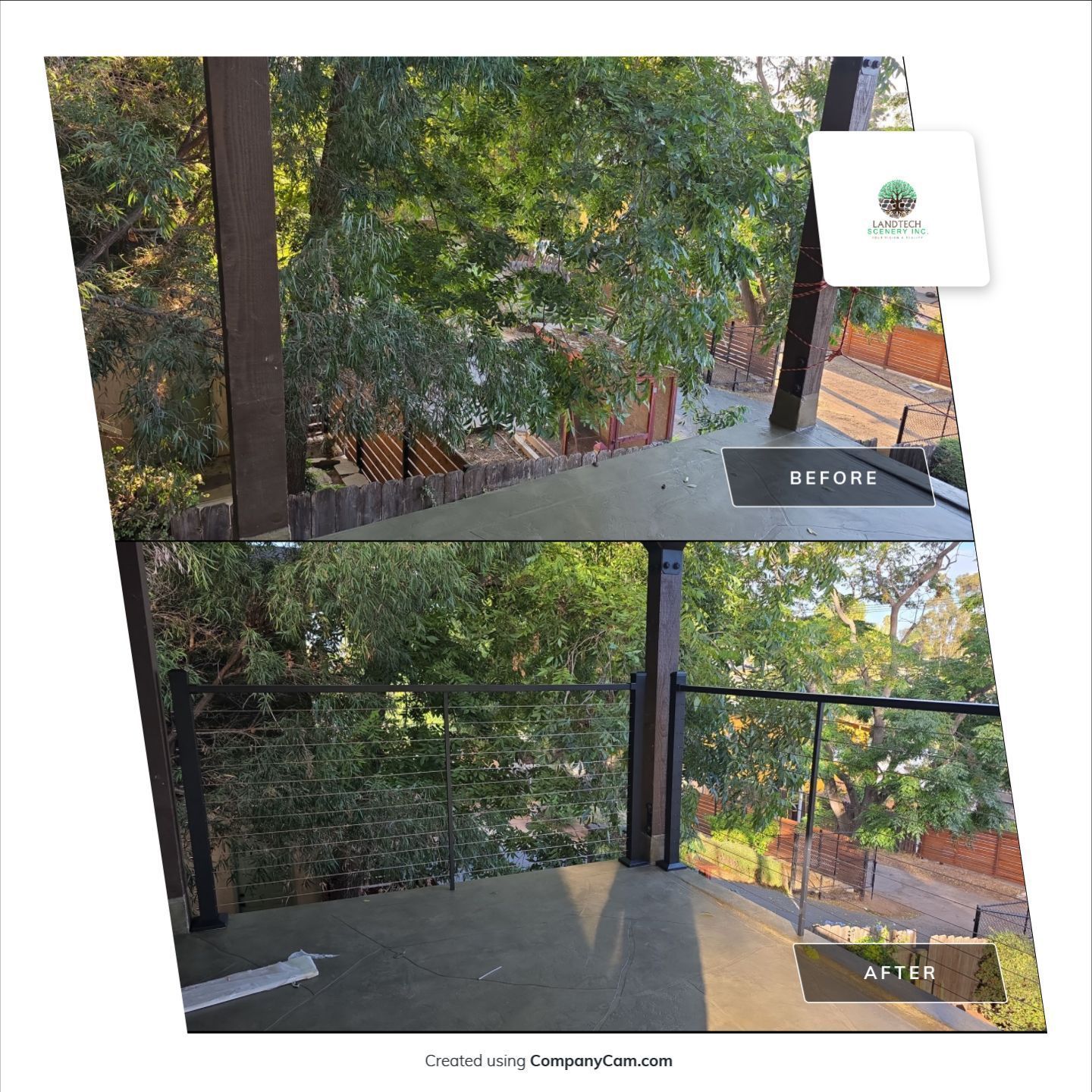 Before-and-after view of a green, tree-lined walkway with railings and stairs