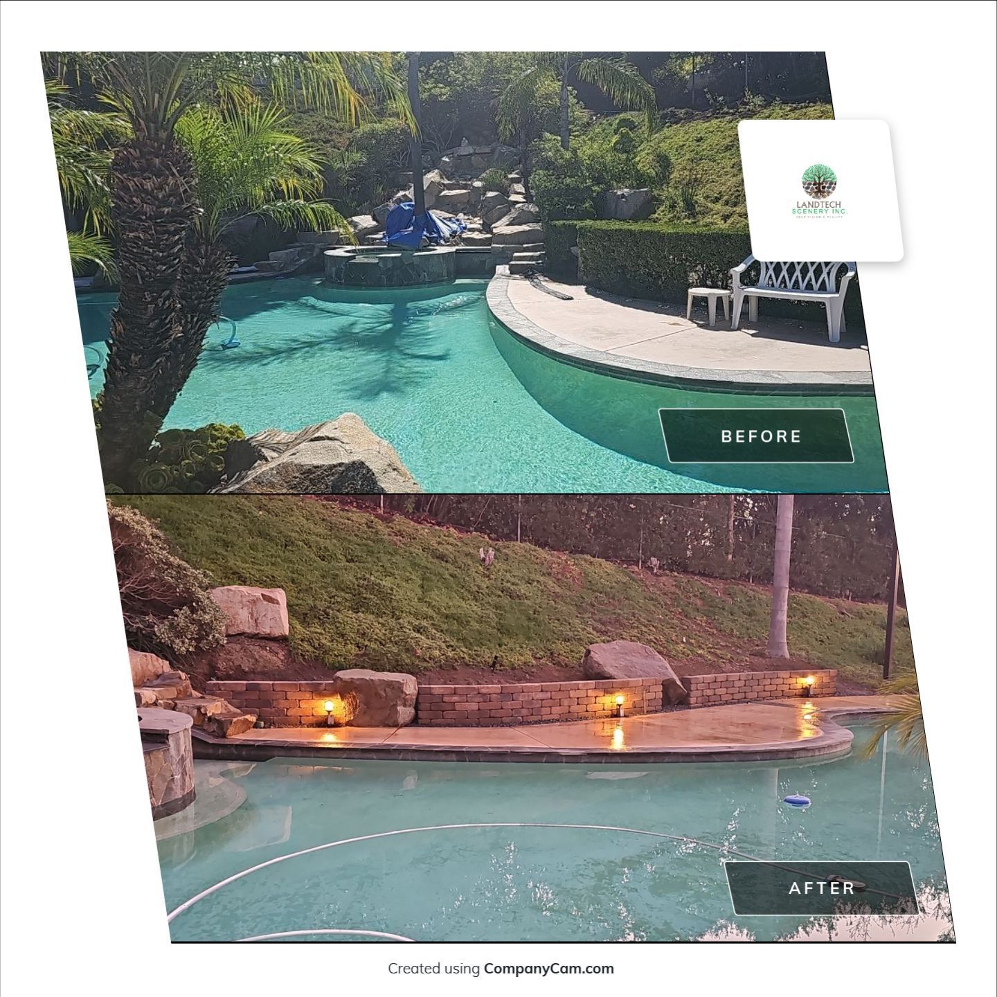 Before-and-after of a pool: Top is before with clear water, trees. Bottom is after with lights on and updated stonework.
