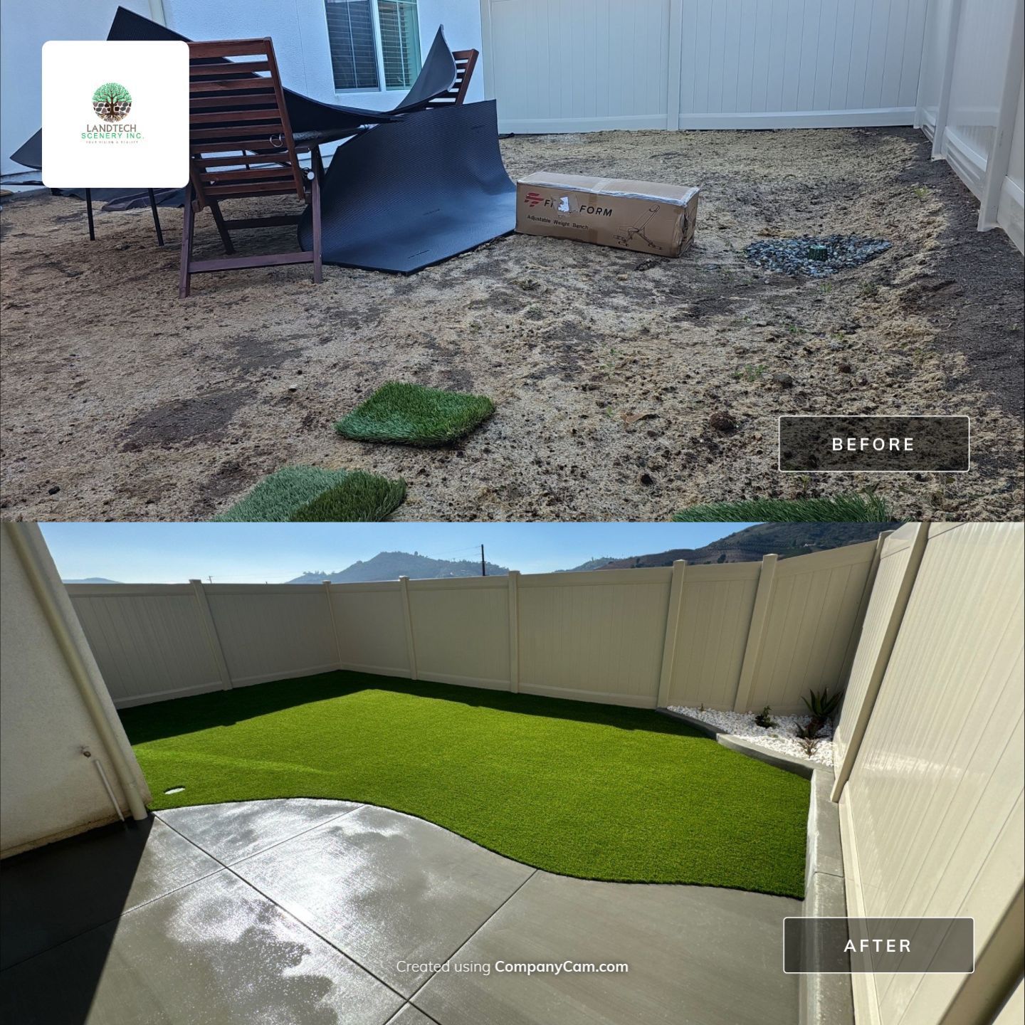 Before and after photos of a yard; the top shows dirt, the bottom a new green lawn.