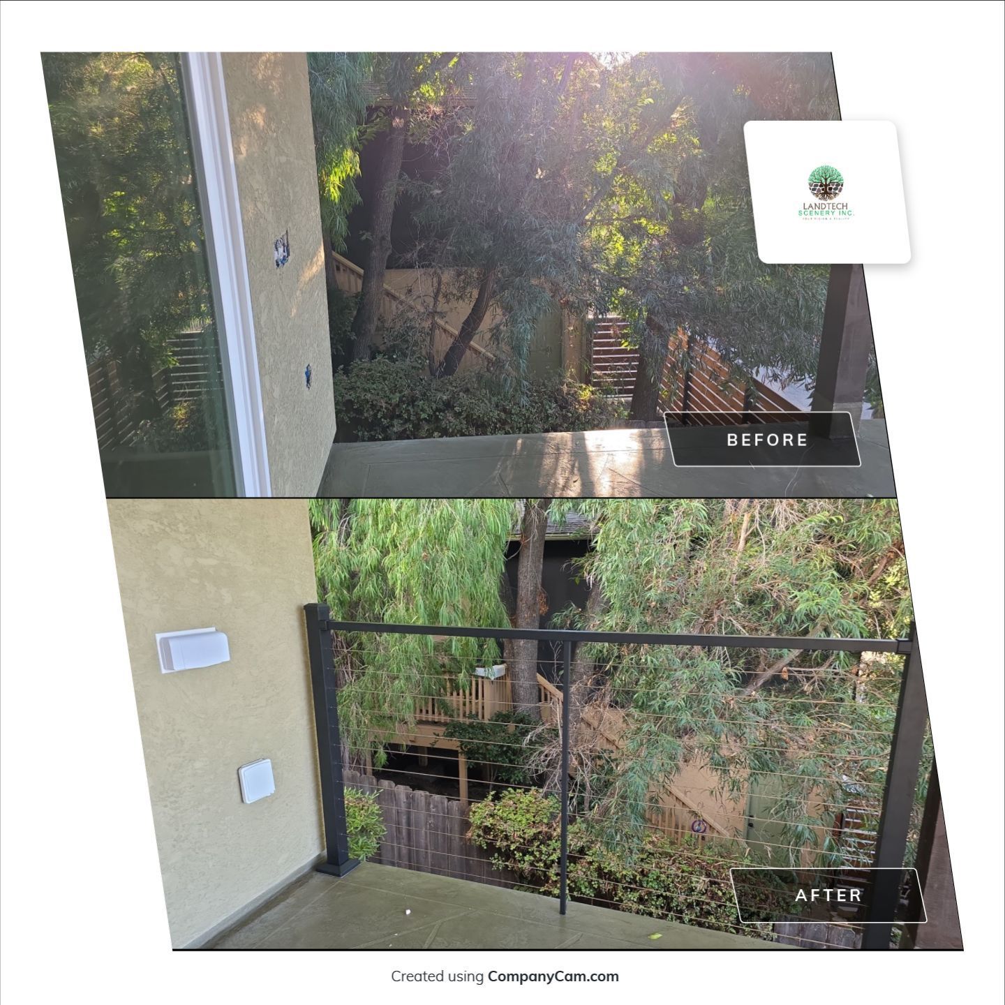 Before-and-after balcony railing replacement with garden view and beige wall.