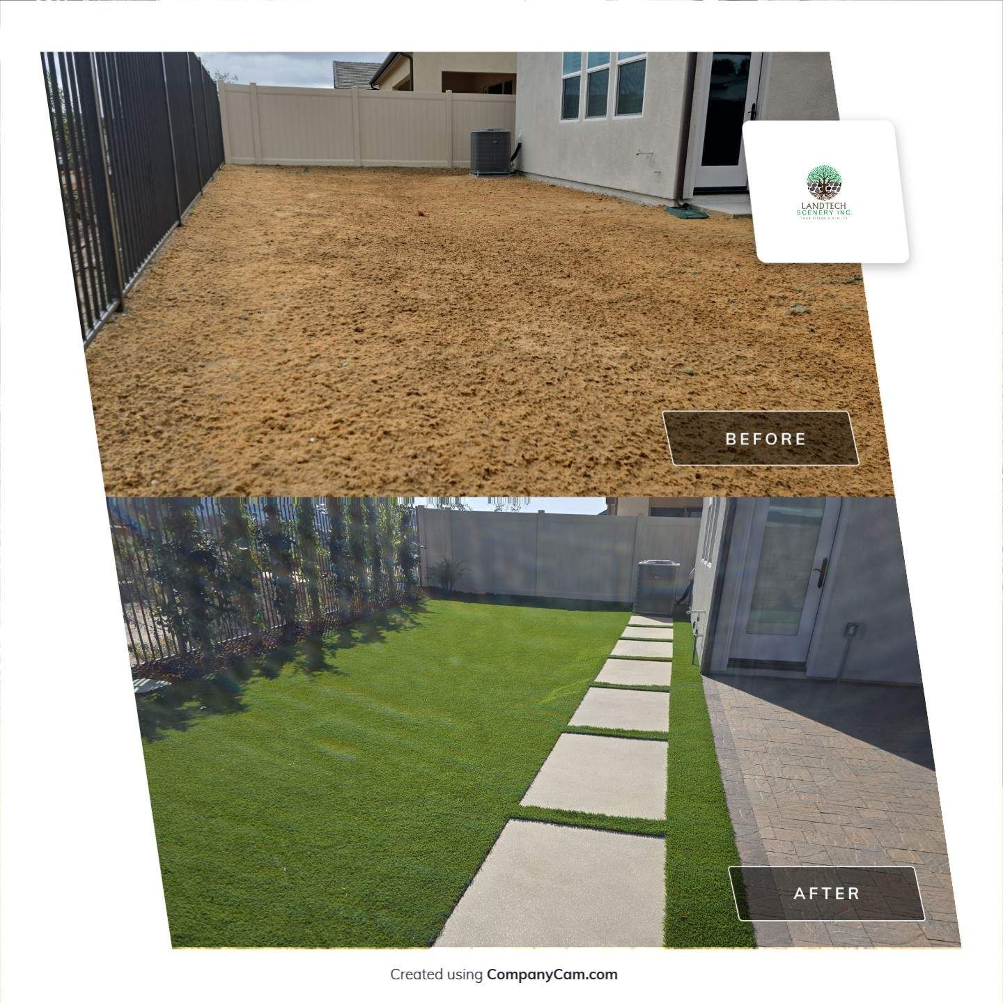 Before and after of a yard transformation. Top: dry dirt. Bottom: green turf, stone path.