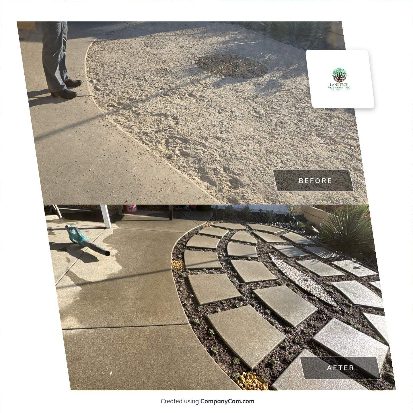 Before-and-after of a yard pathway. Top shows gravel path, bottom shows a stone pathway.