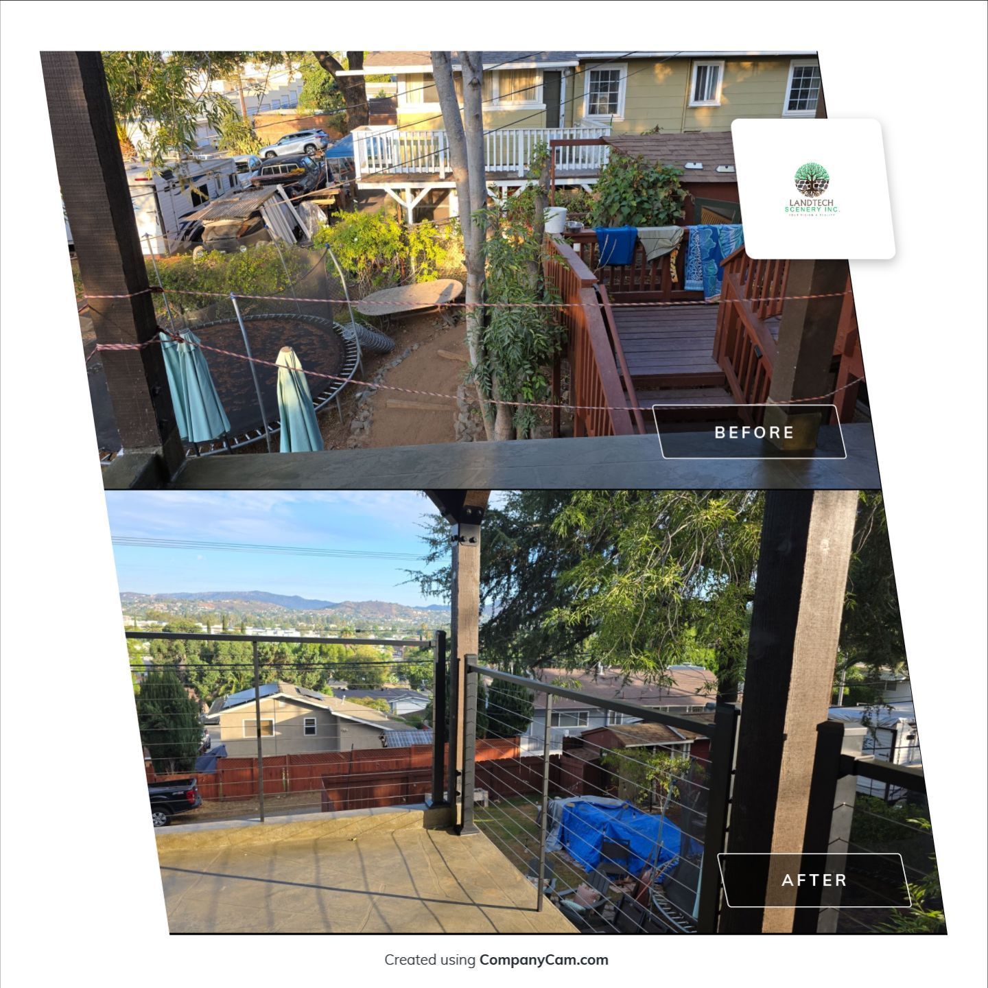 Before-and-after view of a balcony with wet glass panels, deck chairs, and mountain scenery.