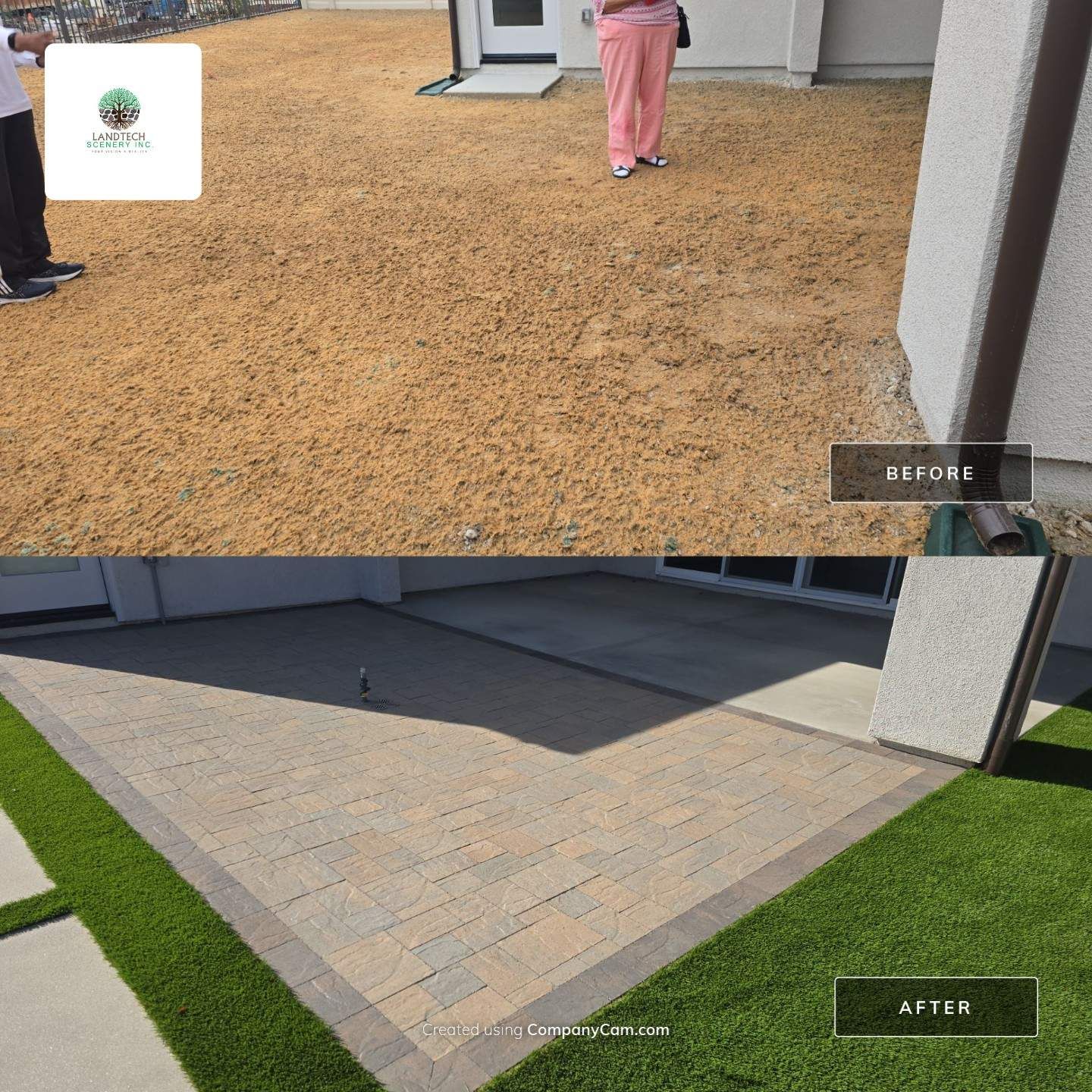 Before-and-after of a backyard transformation: gravel to a paved patio with grass and border.