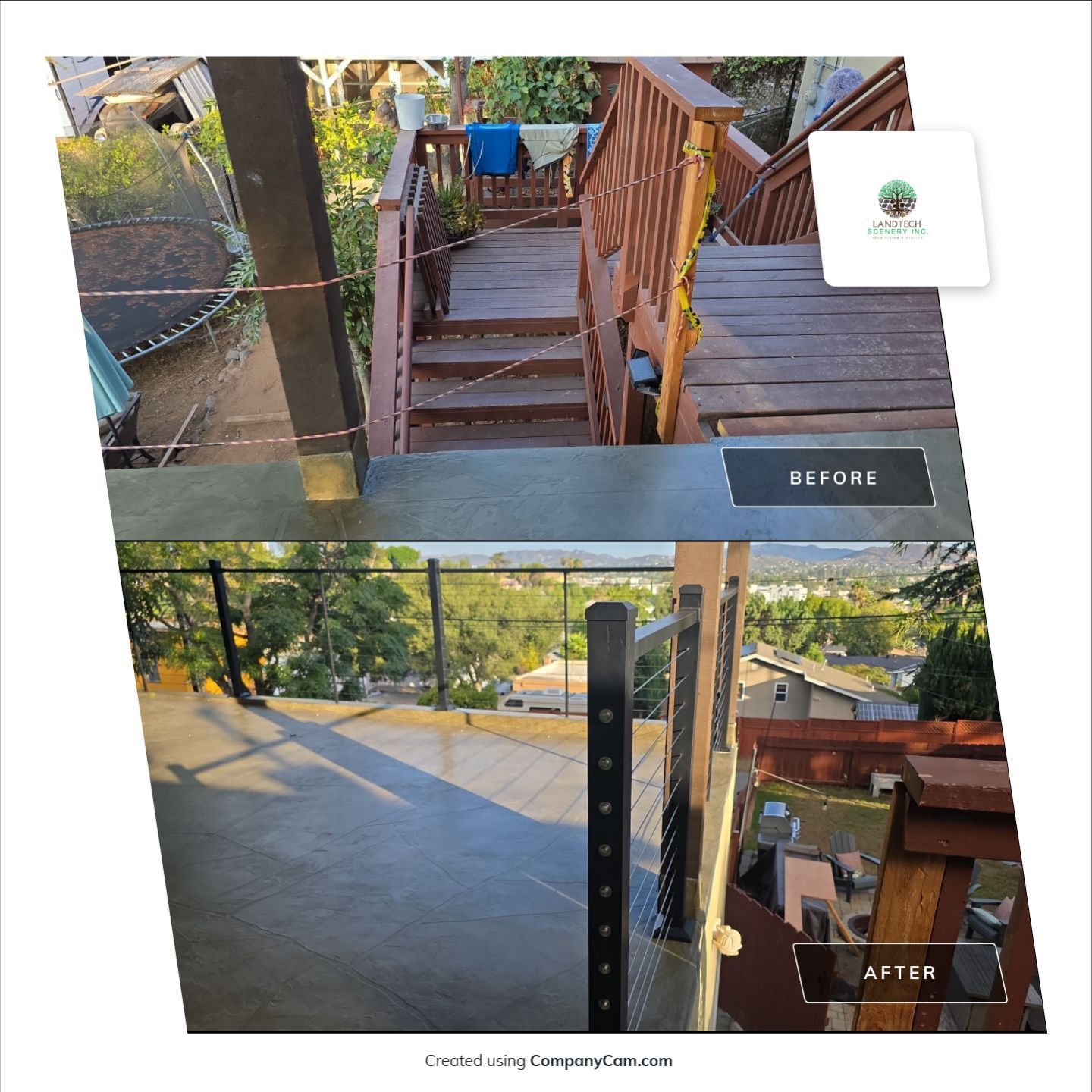 Before-and-after view of a wooden stairway and deck with added black post for accessibility.