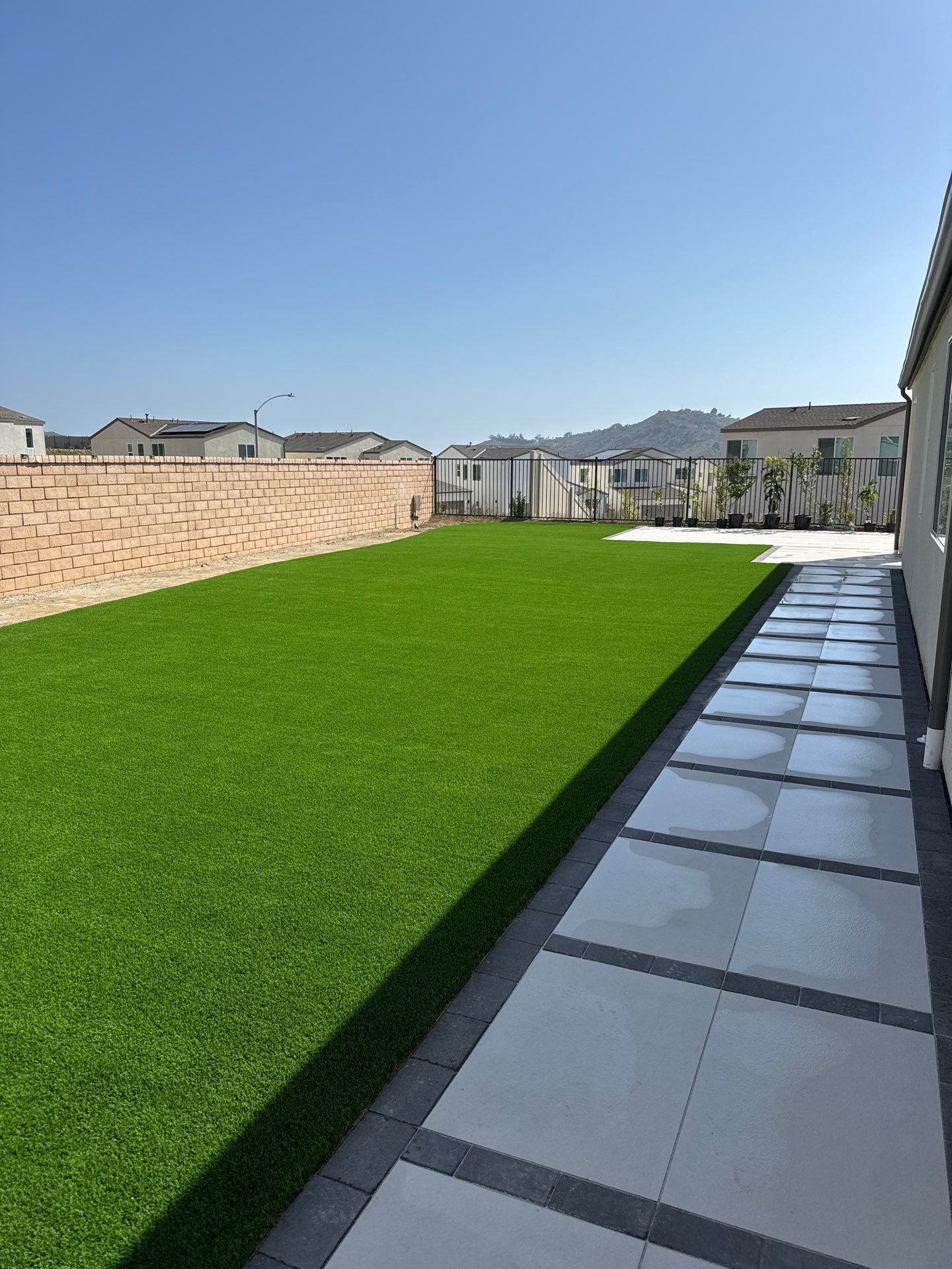 Green lawn and stone walkway in a backyard, sunny day, with houses in the background.