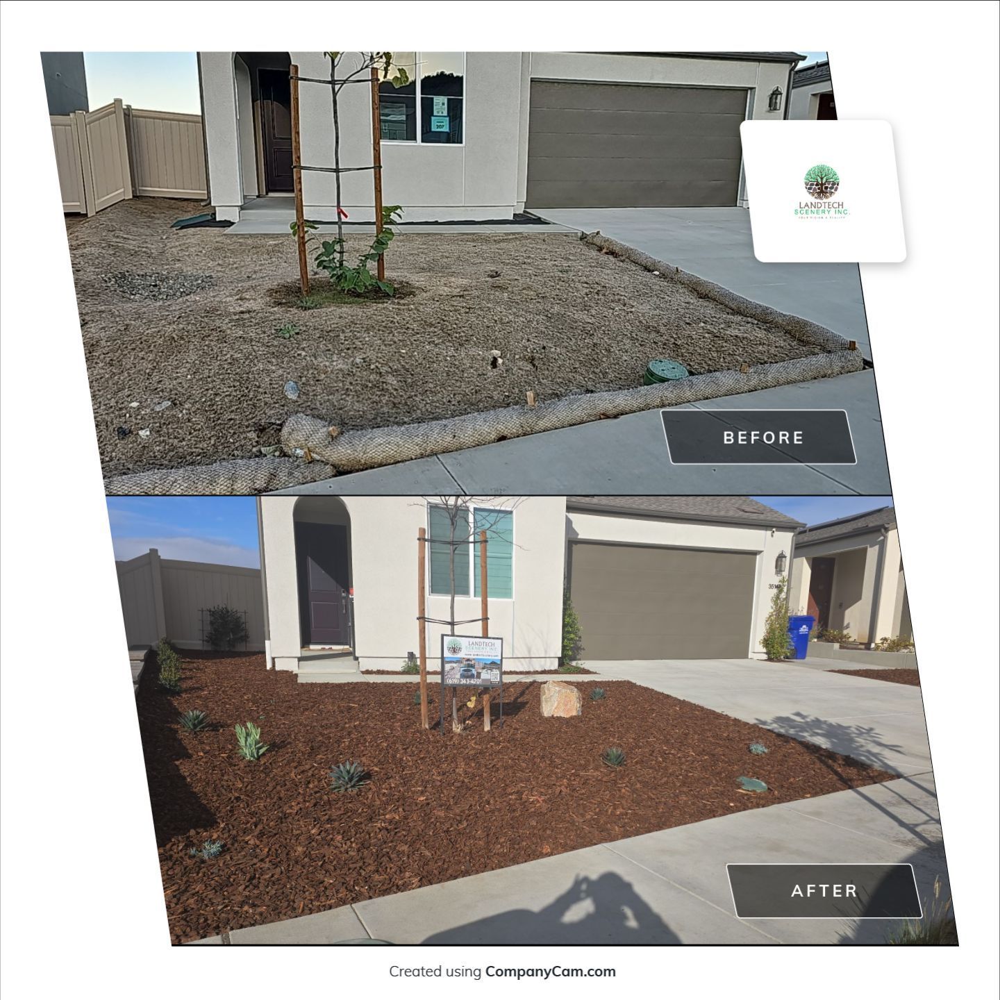 Before-and-after of a house's yard: top shows gravel, bottom shows mulch, plants, and a small tree.
