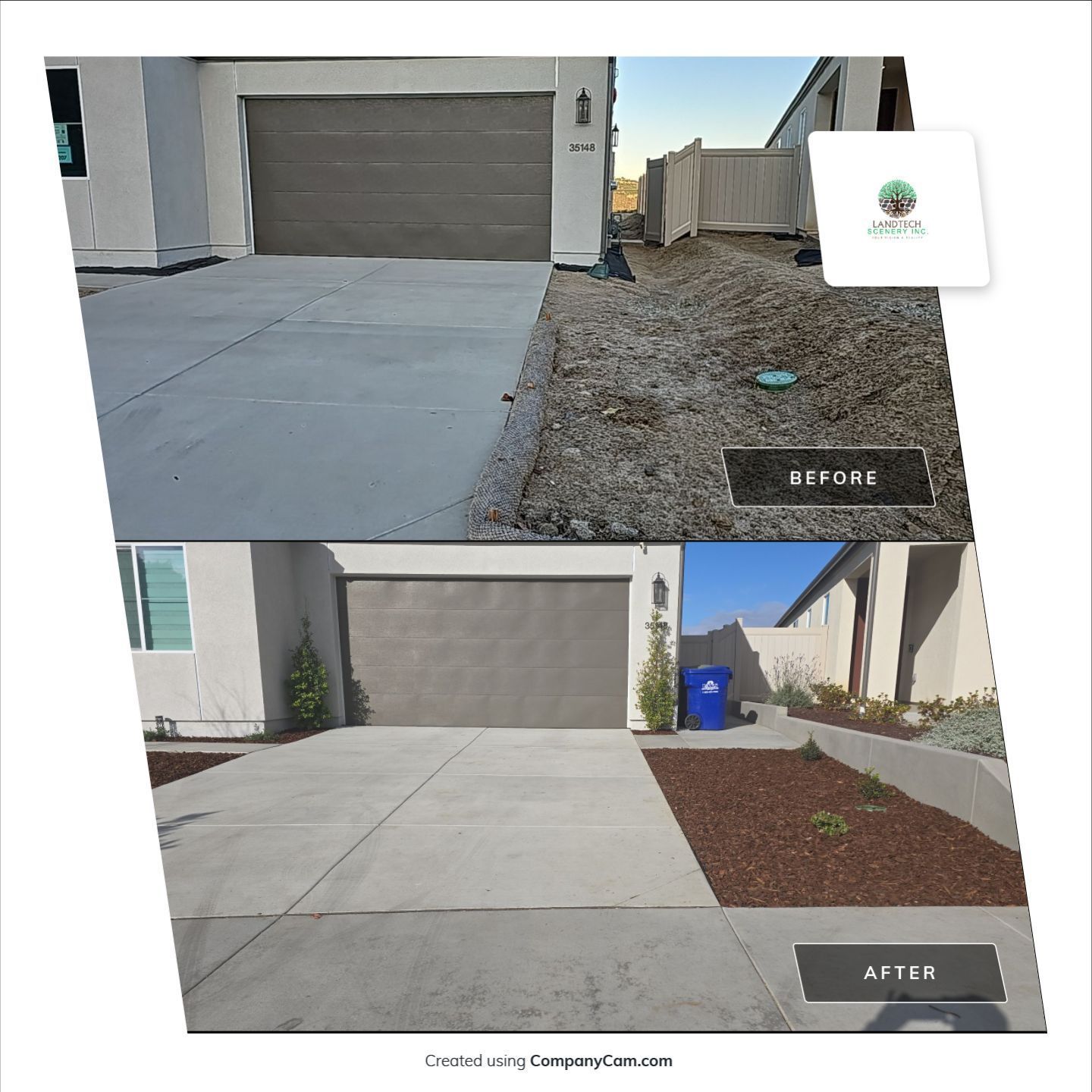 Before and after of a driveway. The before shows a concrete driveway and dirt patch, the after shows a landscaped bed.