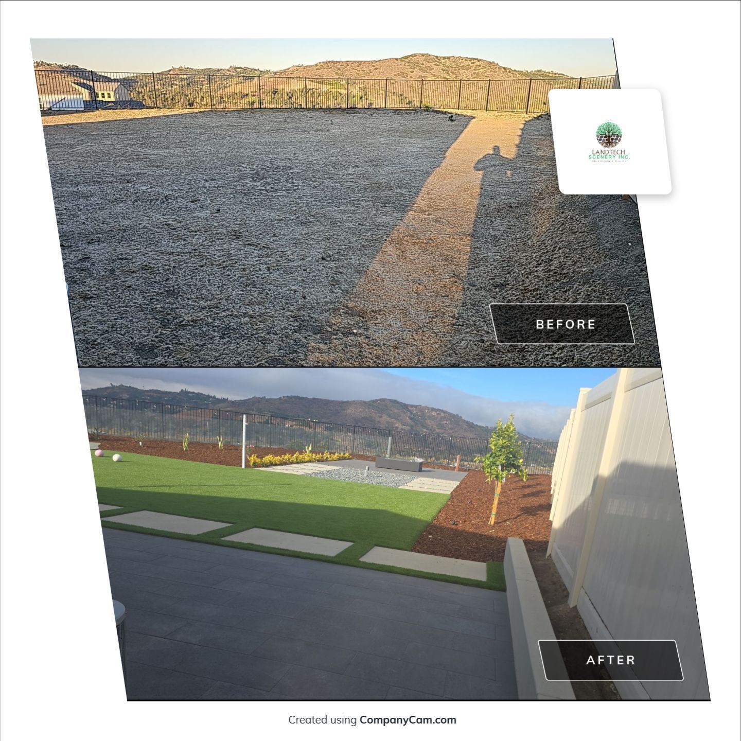 Side-by-side comparison of a before and after landscape transformation: gravel to green lawn with plants and features.