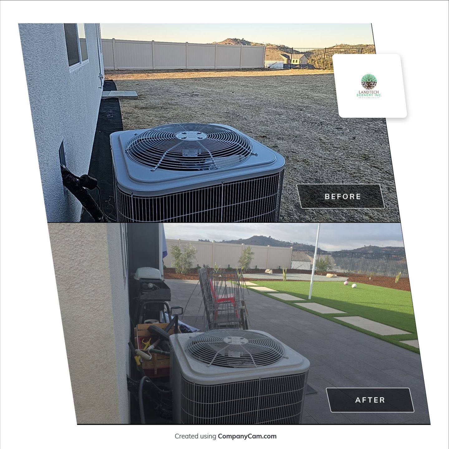 Before and after view of an AC unit next to a house with a lawn being installed.