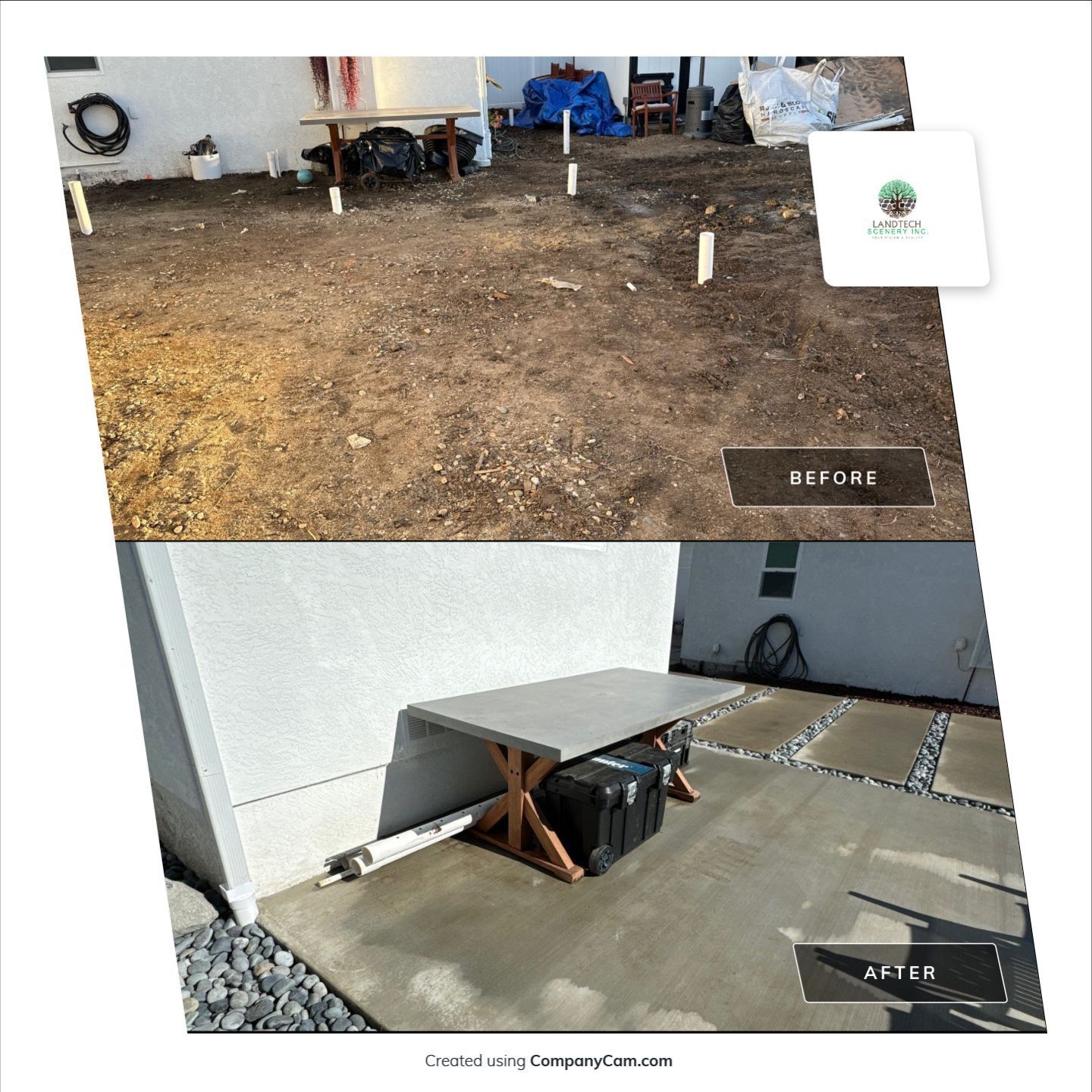 Before/after of outdoor space: dirt yard transforms into concrete patio with table.