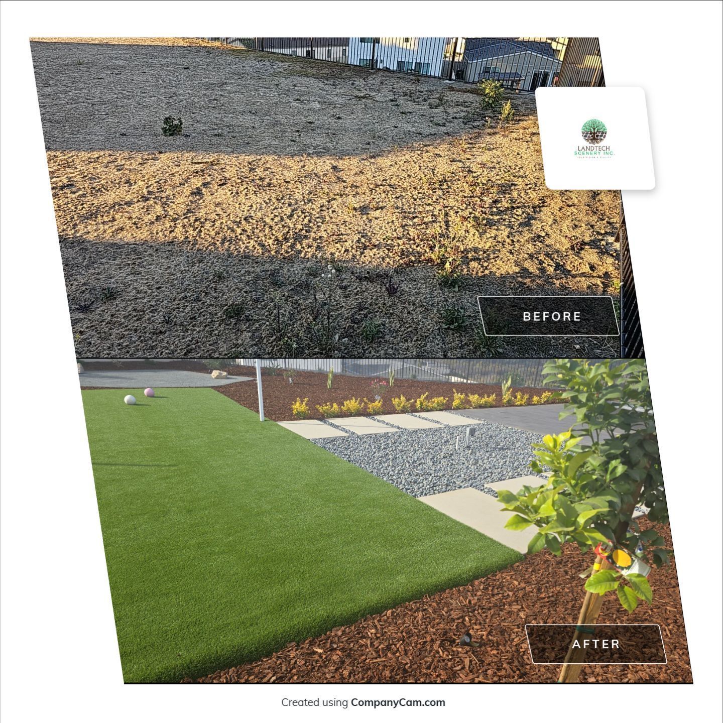 Before and after of a landscape: barren hillside transforms into green turf, stone patio, and trees.