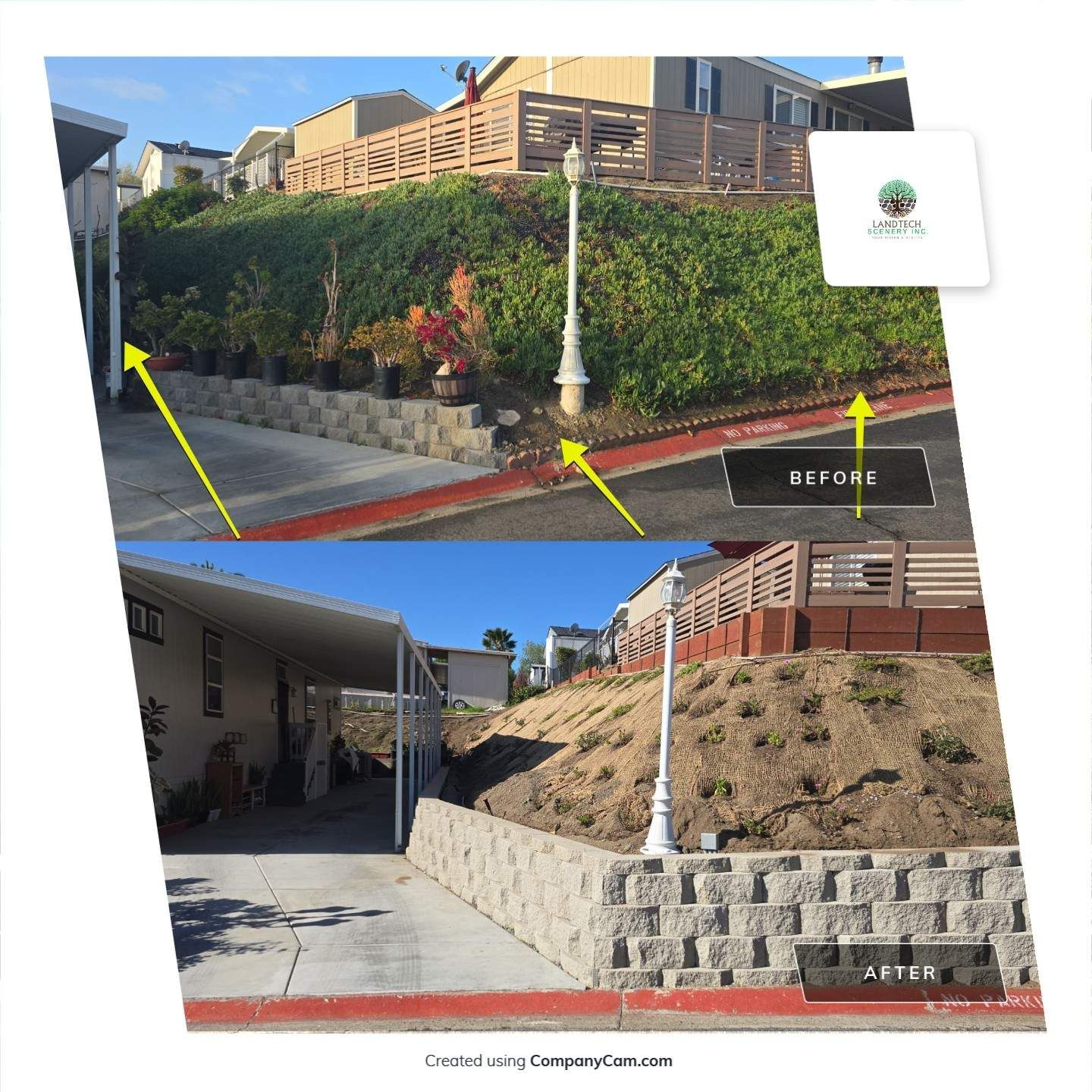 Before and after of a retaining wall project. Top: before, overgrown hillside. Bottom: after, new wall, cleared hillside.