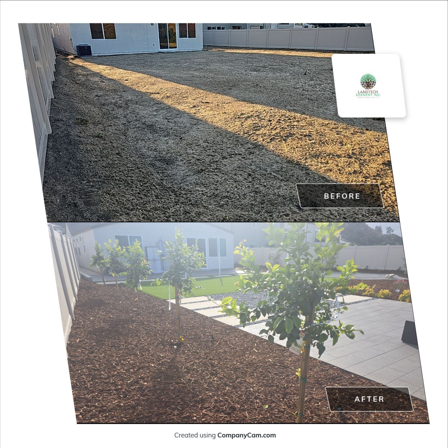 Before and after of backyard landscaping transformation with mulch, plants, and pavers.