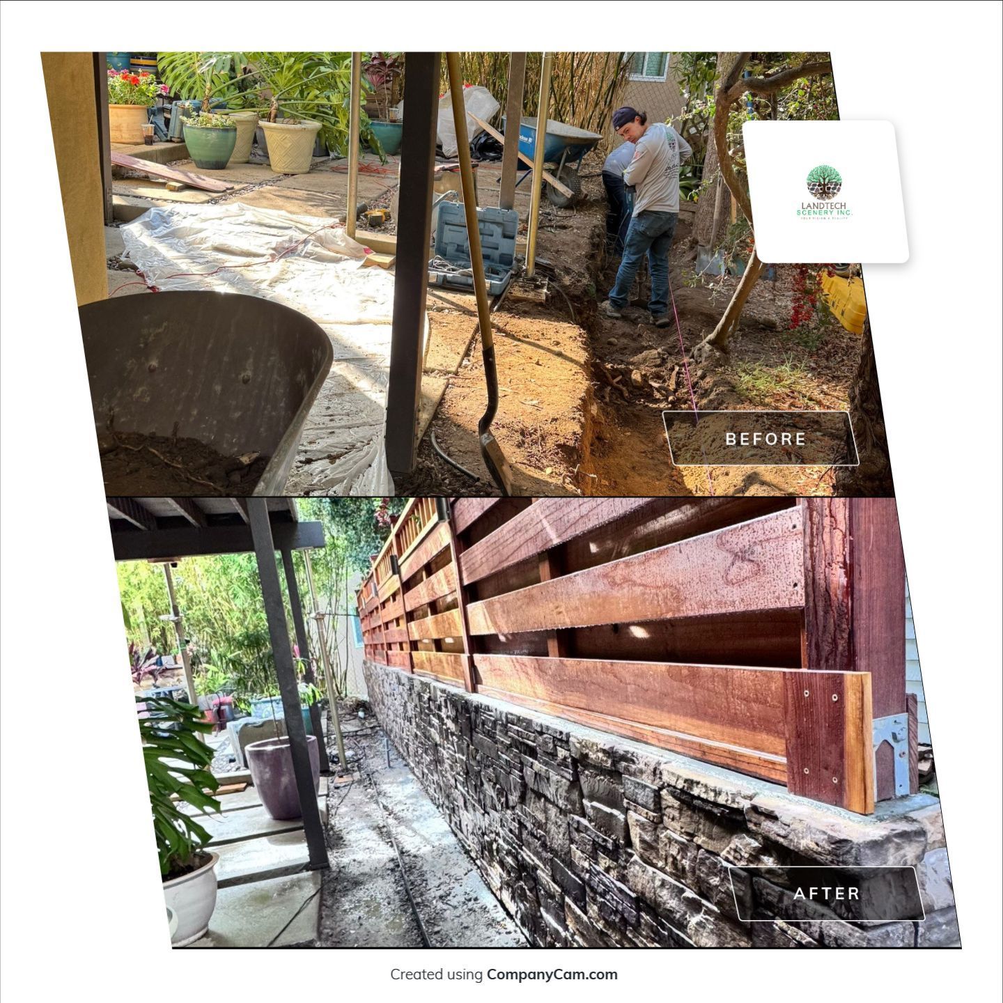 Before and after yard renovation: two people digging, then a new wooden fence.