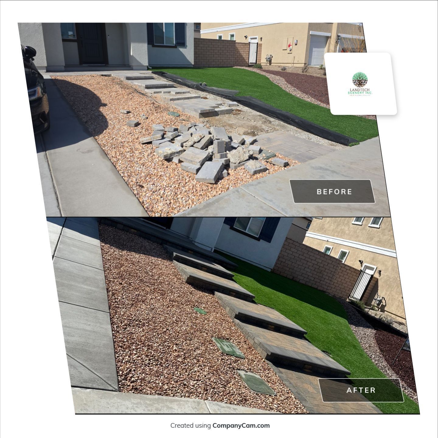Before-and-after of a driveway: Rocks and destroyed stones replaced with brown stones and green grass.