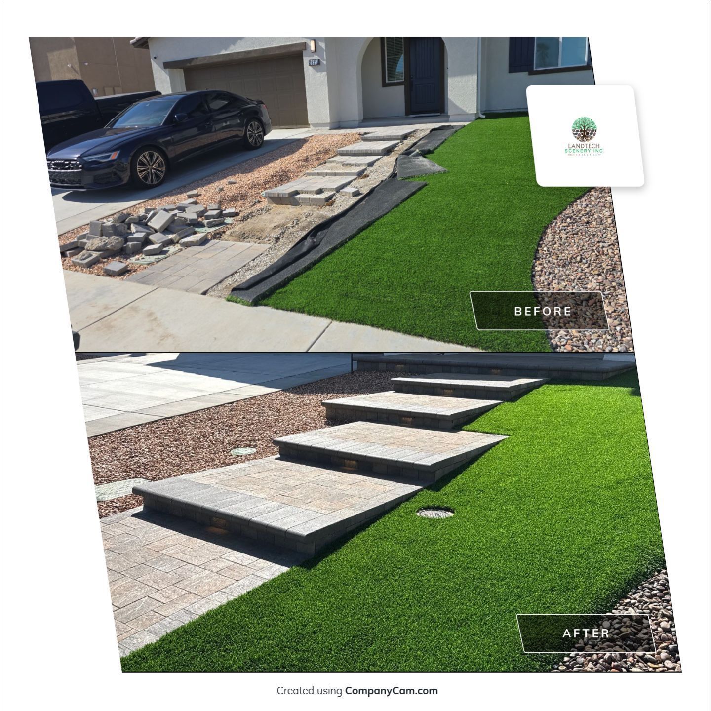 Side-by-side comparison of a home's front yard before and after landscaping with artificial turf.