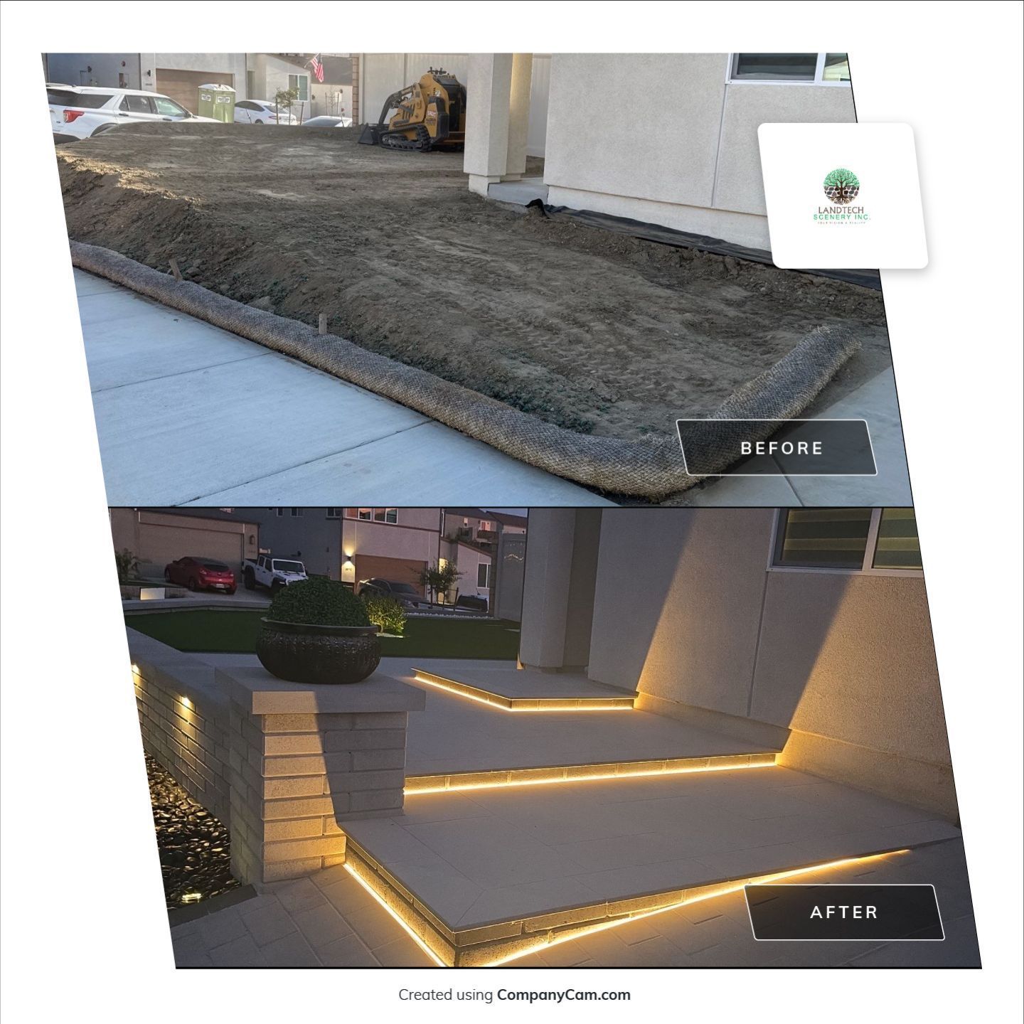 Before/after of front steps: dirt ground before, lit concrete steps after with embedded lights.