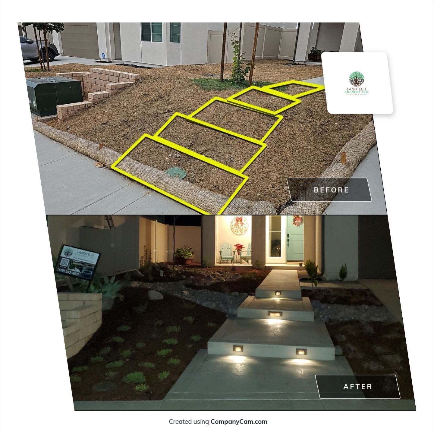 Before/after of home's steps; before with dirt steps, after with concrete steps, and built-in lighting.