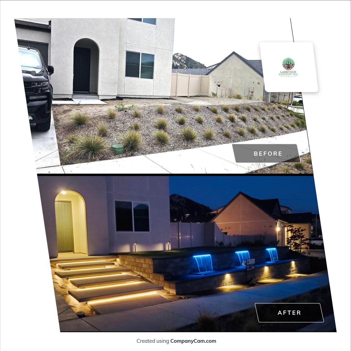 Before/after of home landscaping; daytime shot of barren landscaping transforms into a lit-up water feature at night.