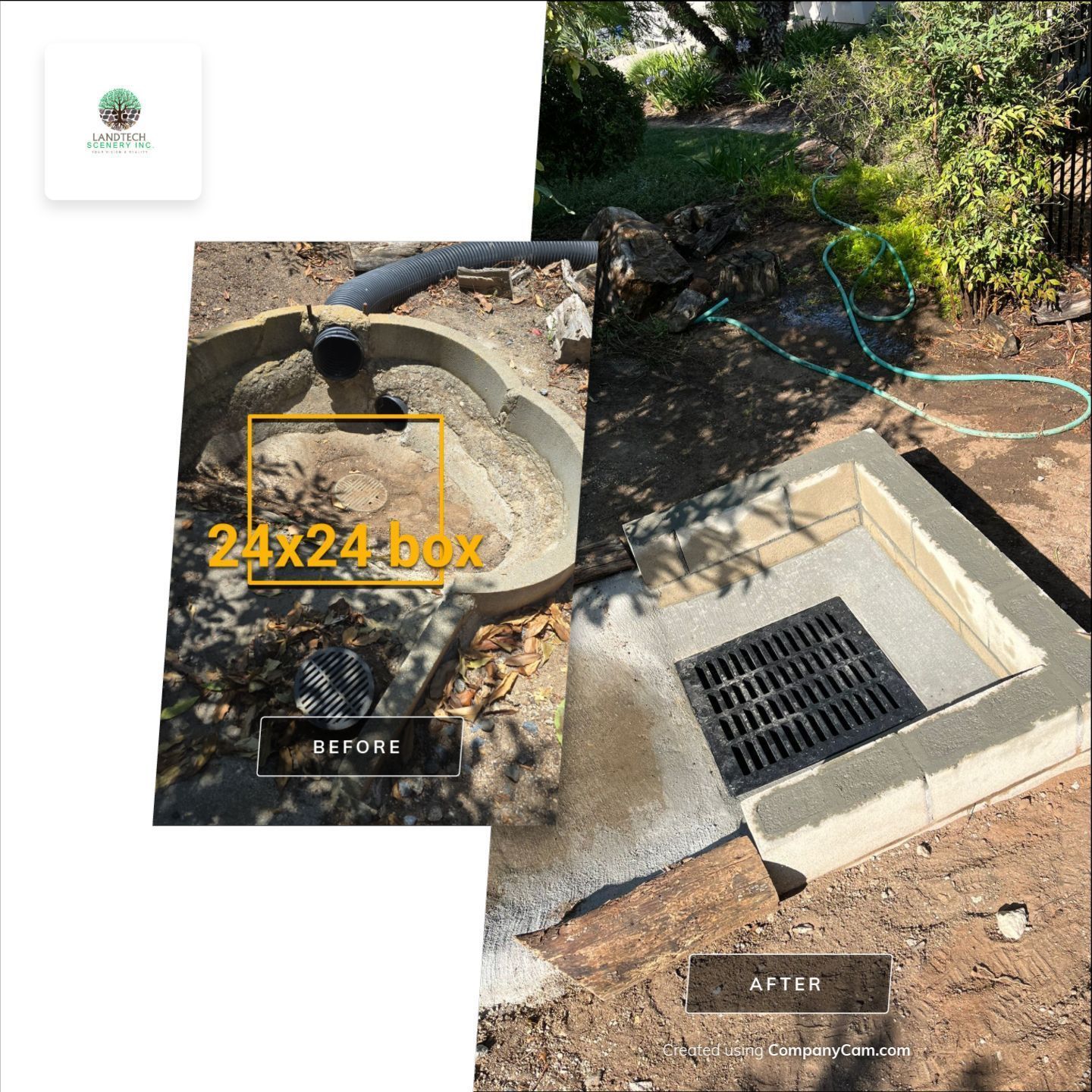 Before-and-after view of a yard drain box replacement, with exposed pipe and a new concrete grate cover.
