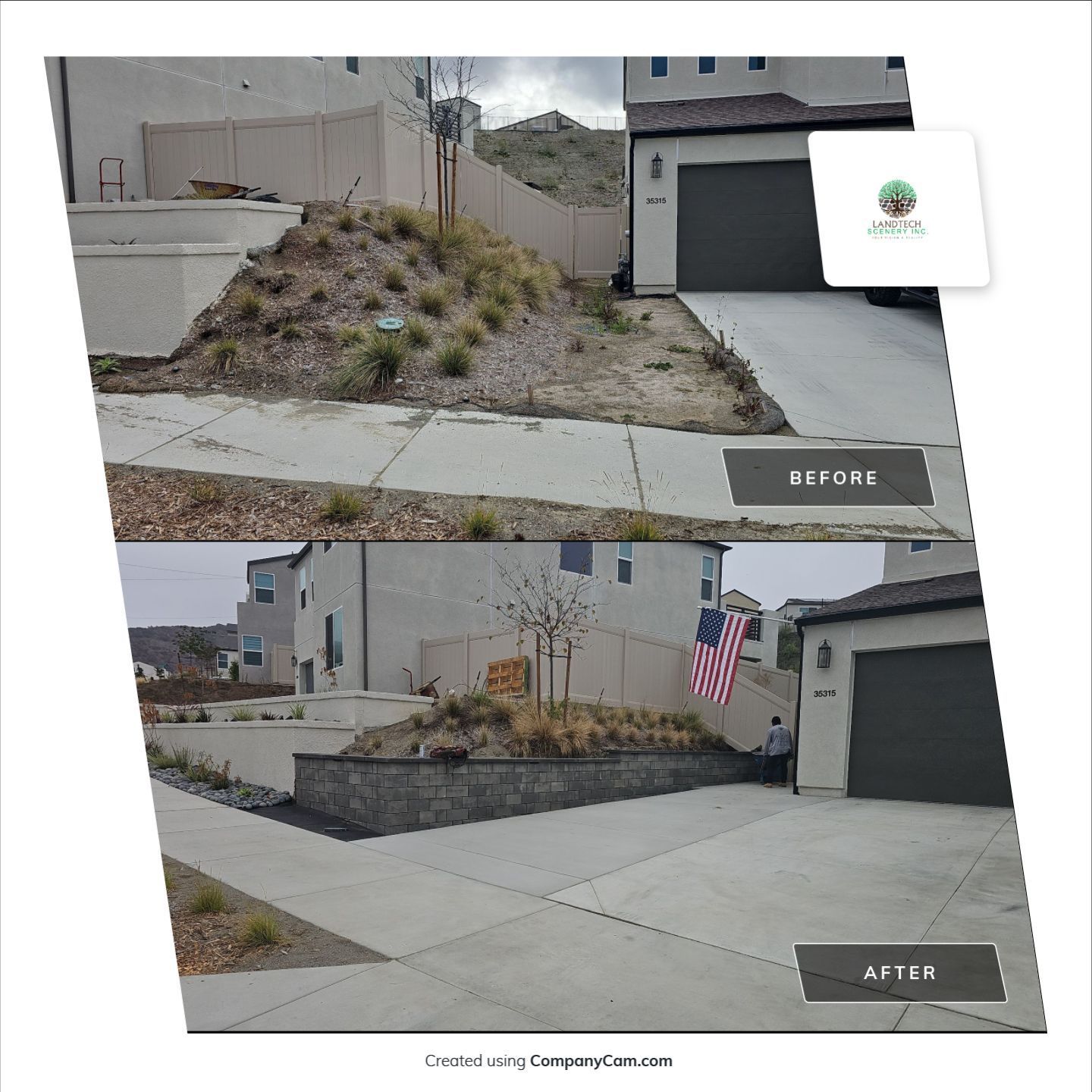 Before/after of home landscaping; a hillside replaced with a retaining wall and plants.