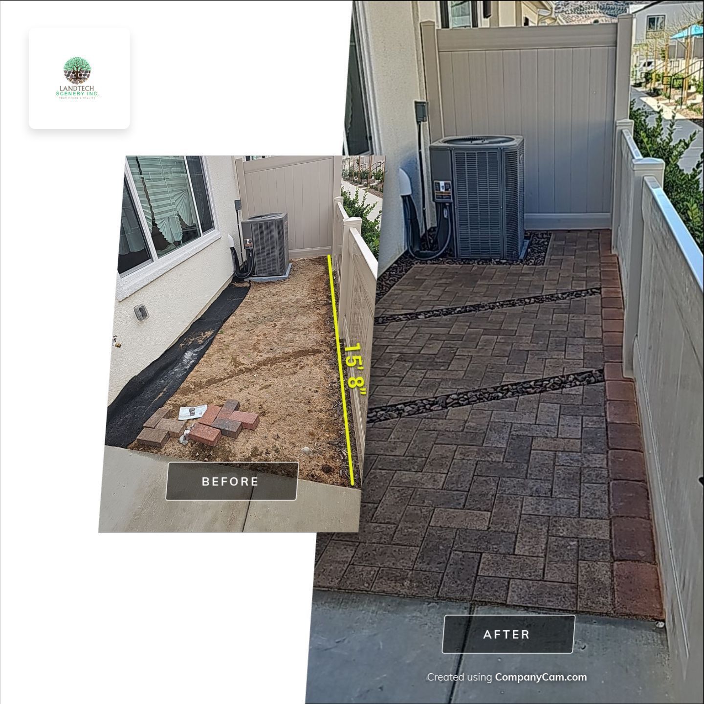 Before and after view of a backyard patio with pavers, next to an air conditioning unit.