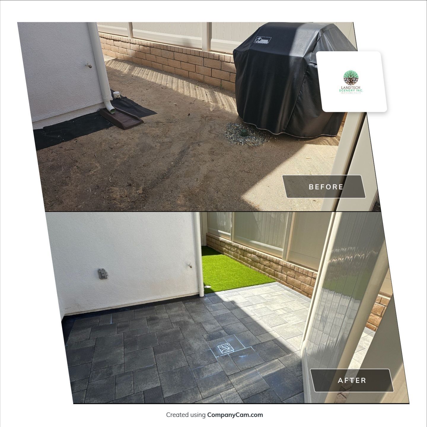 Before-and-after of a backyard patio. Top: bare dirt. Bottom: paved patio with green turf.