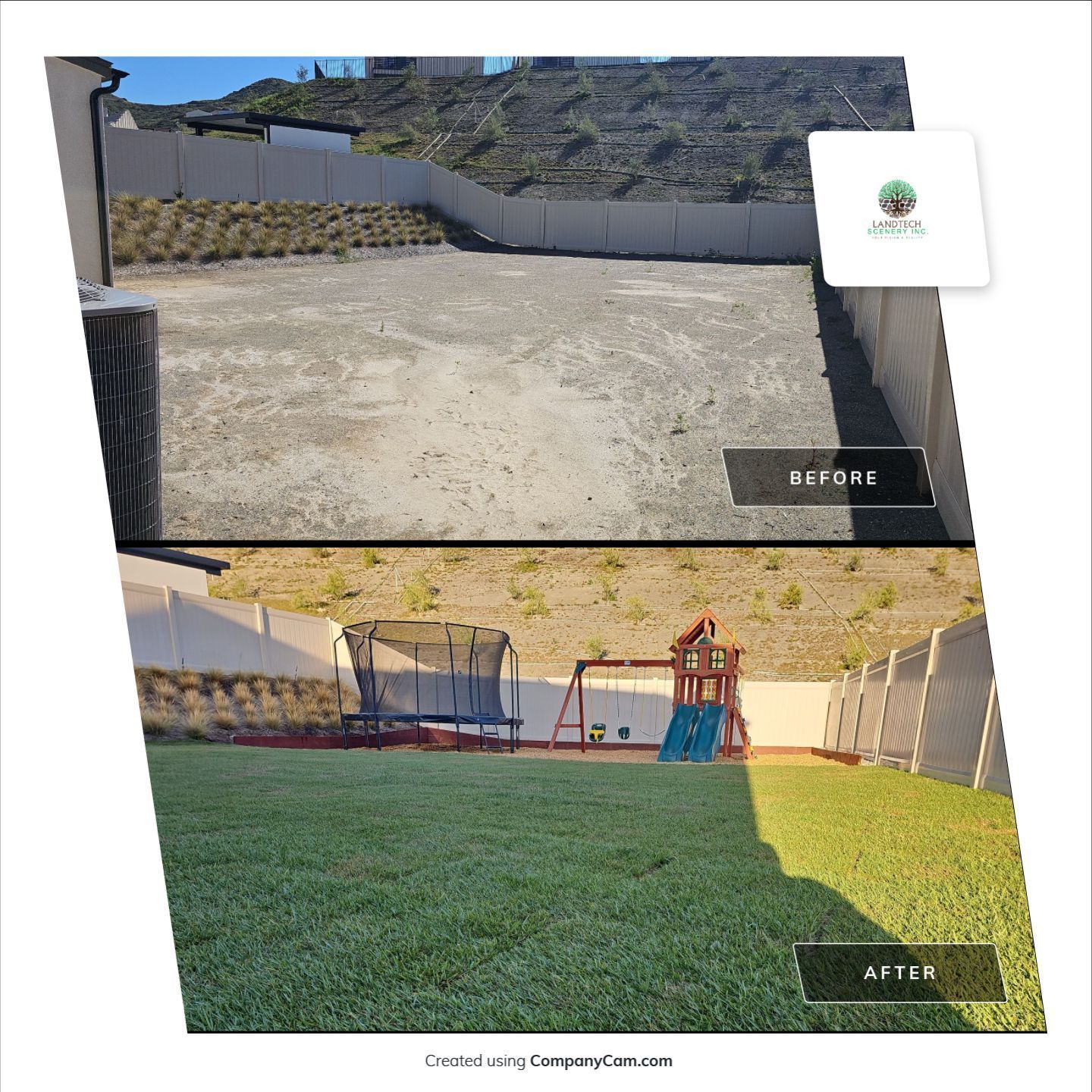 Before/After of yard: gravel lot transformed to grassy yard with play equipment.