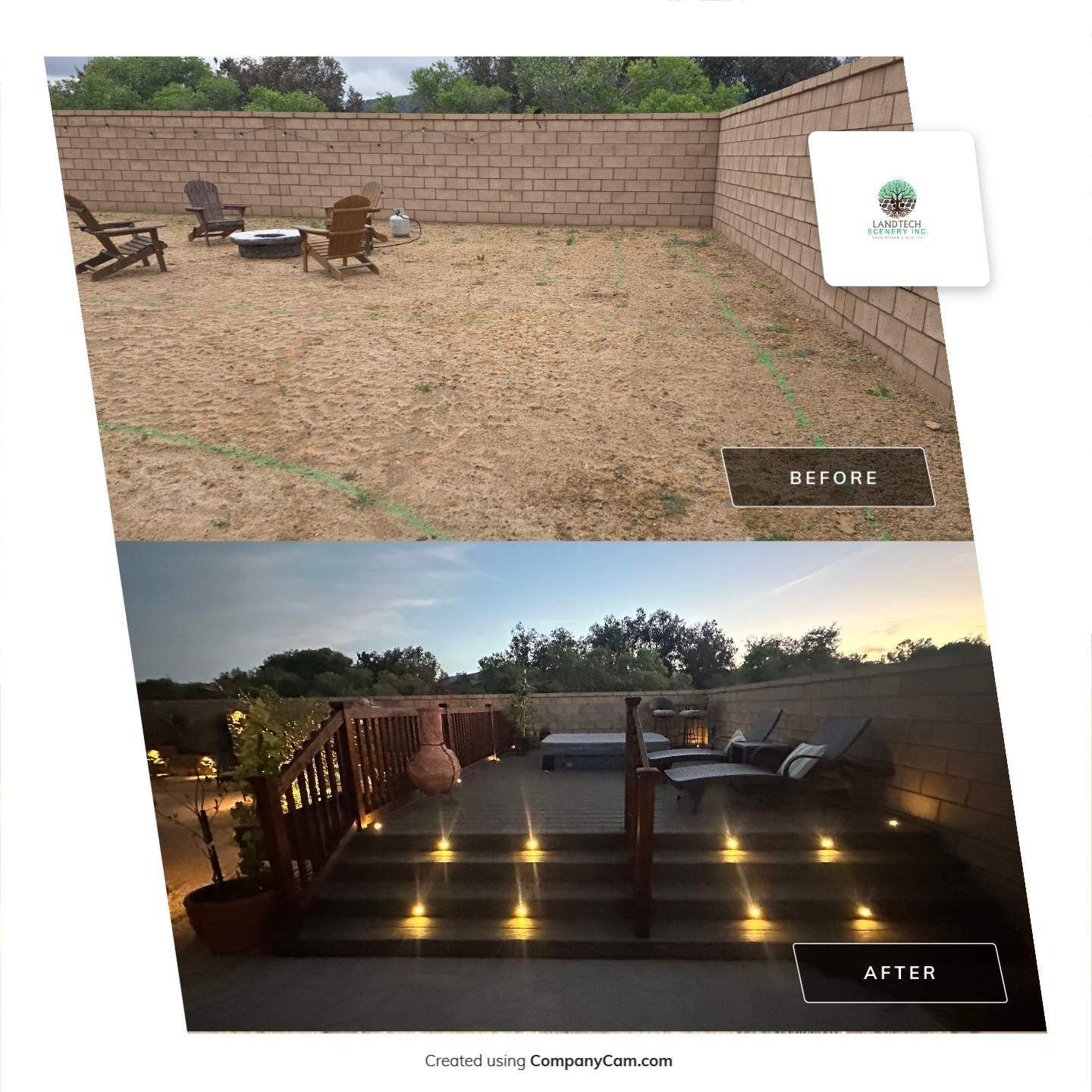 Backyard before-and-after: bare yard with chairs above, lit deck with steps below.