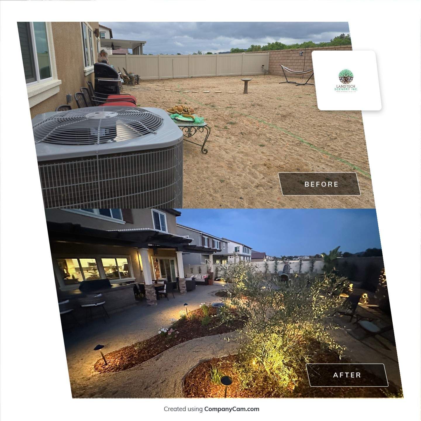 Backyard before-and-after: bare gravel patio transformed into lit landscaped garden with flowers and shrubs