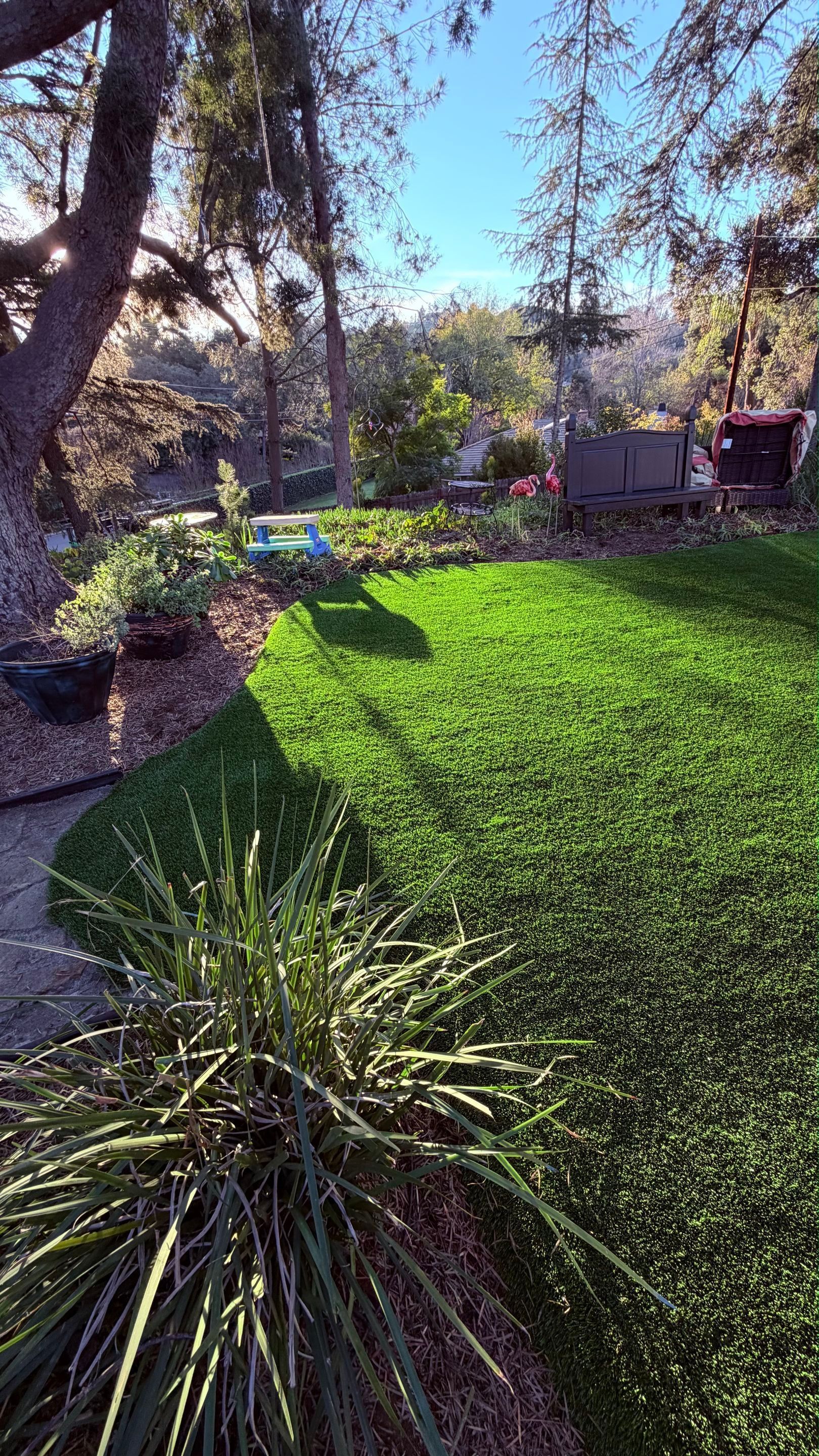 Green lawn with sunlit garden, trees, and small building under a bright blue sky.