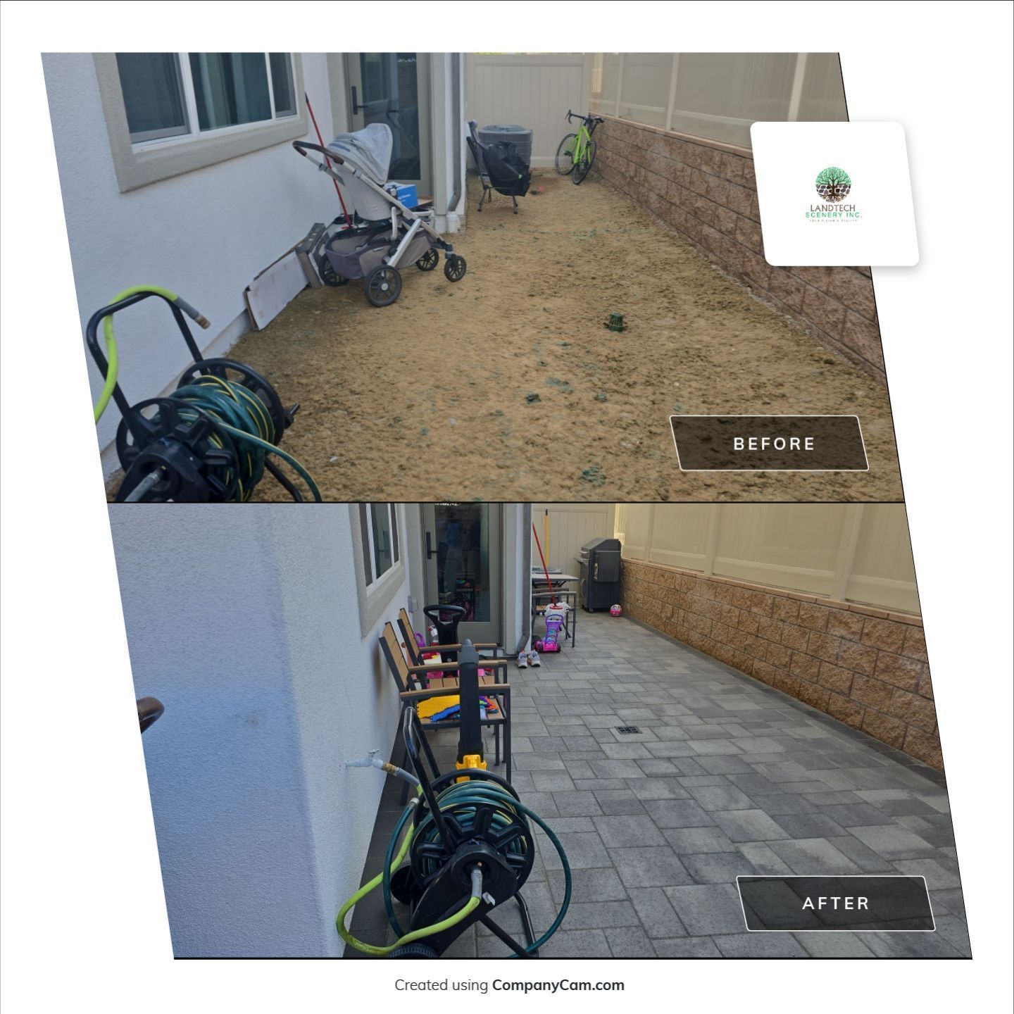 Before and after view of a backyard, showing grass replaced with paving stones.