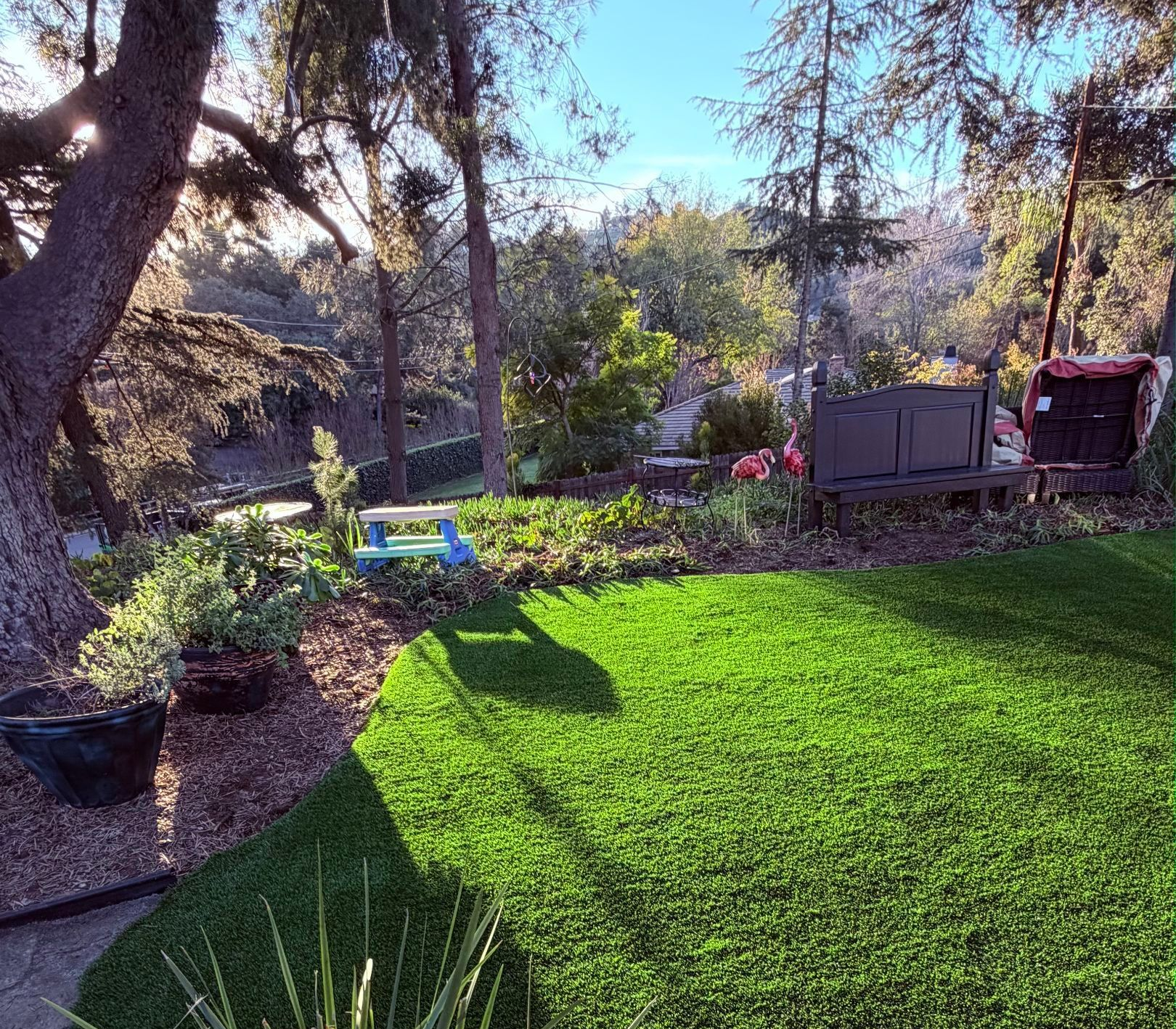 Sunny backyard with green lawn, trees, shrubs, patio furniture, and a small blue bench