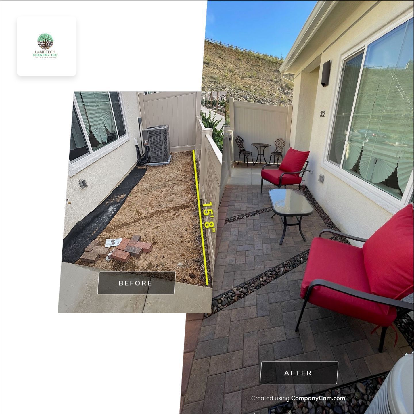 Before and after of a patio. Dirt area becomes a brick patio with seating; red chairs, small table.