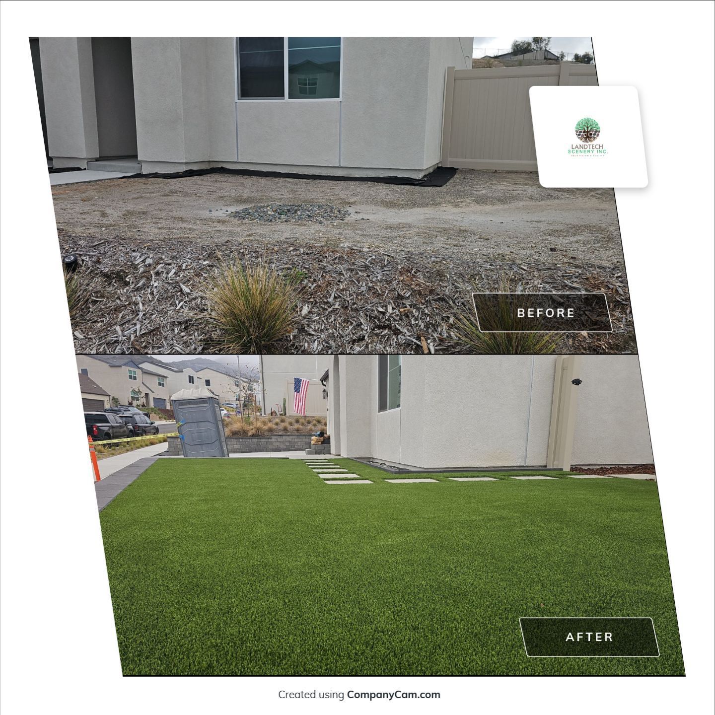 Before and after comparison of a house's yard, showing the transformation from gravel to green turf.