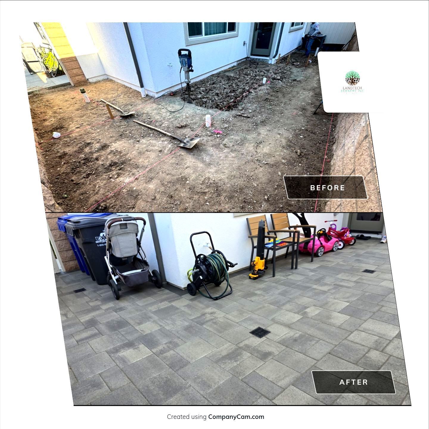 Before and after of a yard transformation. Top: dirt patch. Bottom: paved patio.