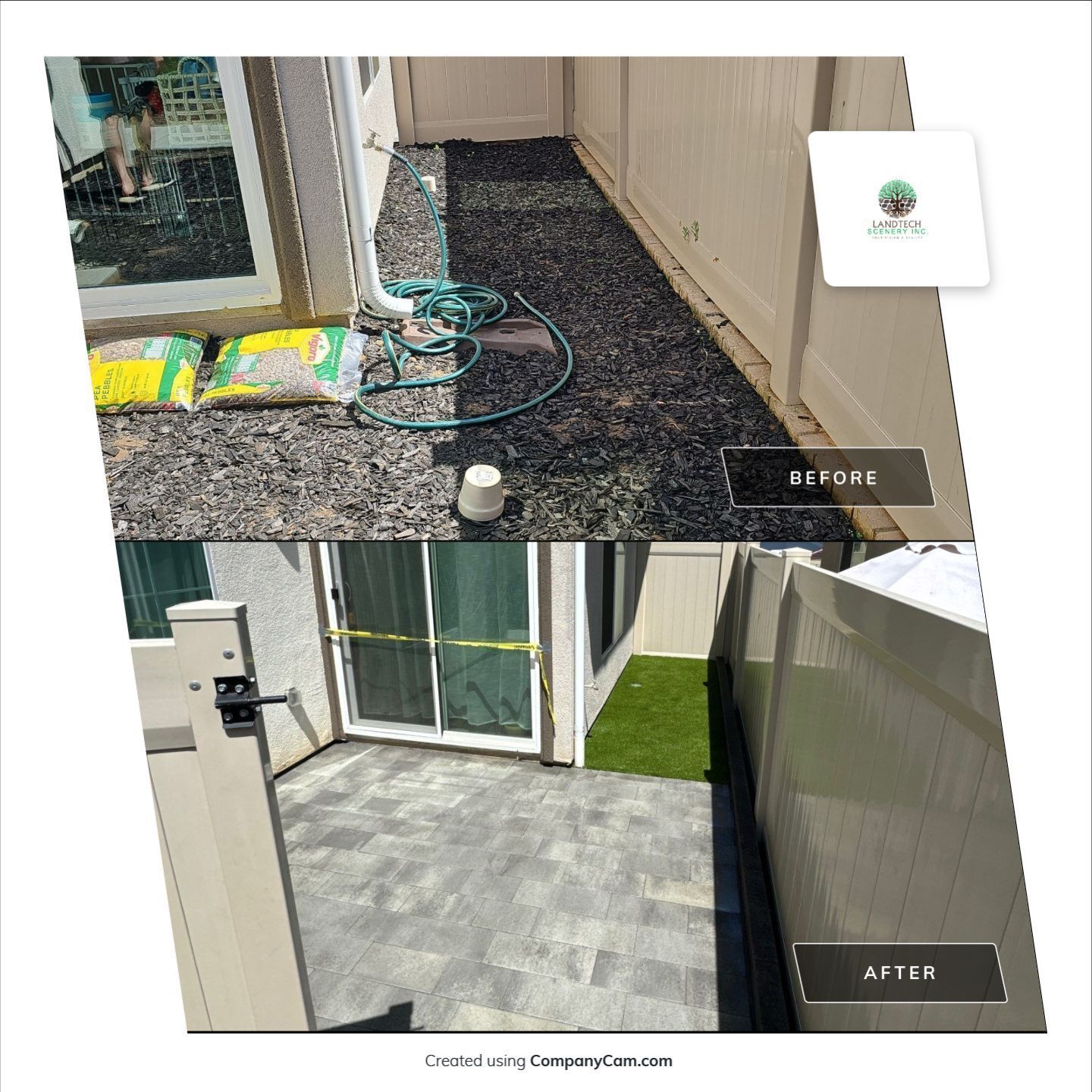 Before and after of a small outdoor area. Top shows gravel and hose. Bottom has pavers and artificial grass.