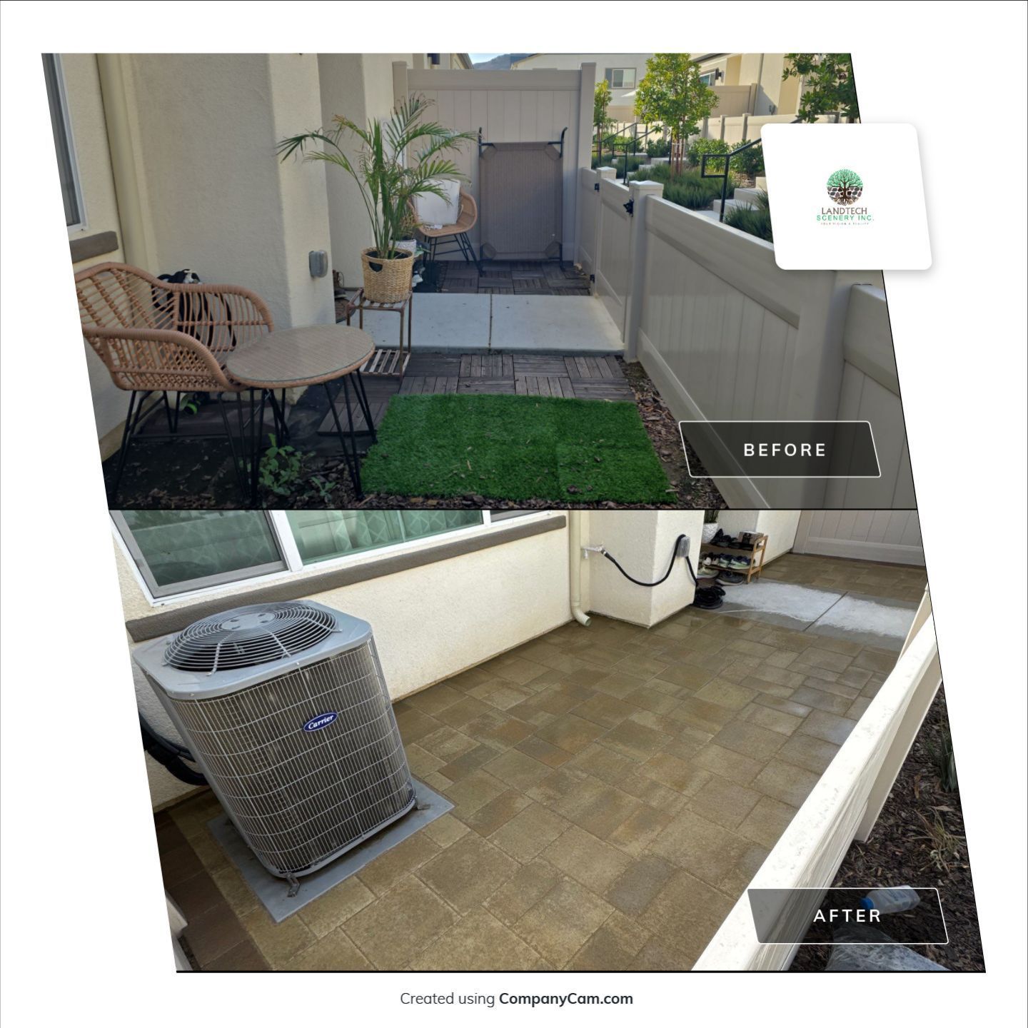 Before and after patio renovation. Top: small seating area. Bottom: patio with new brick pavers and AC unit.