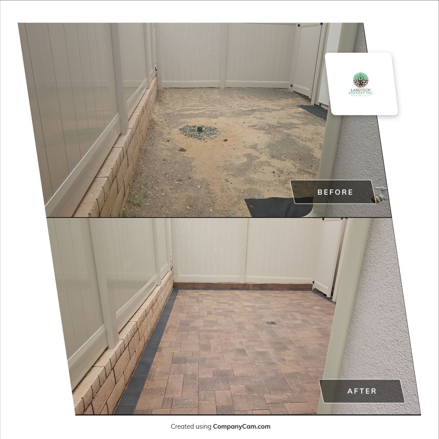 Before and after of a small outdoor area. Top: dirt, Before. Bottom: paved, After.