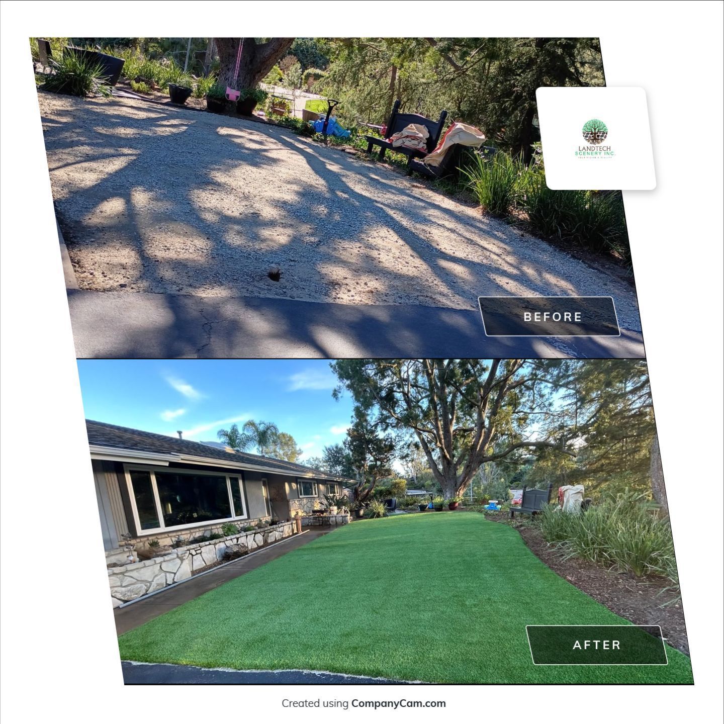 Before and after photos: driveway with gravel replaced with grass lawn.
