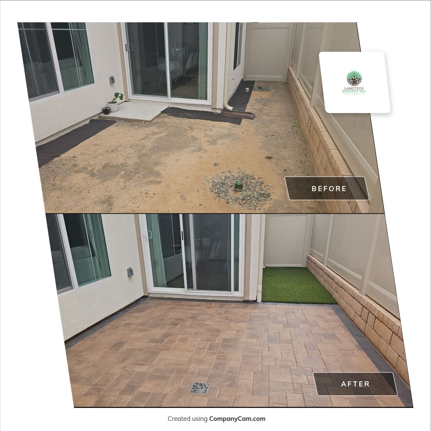 Comparison of a backyard patio before (dirt) and after (pavers & artificial grass).